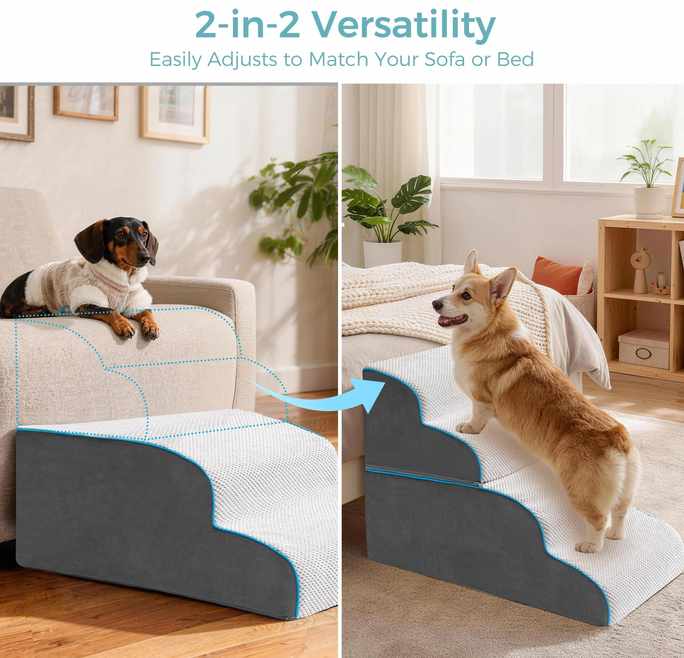 Scaletta per Cani e Rampa per Letto 33-61 cm Scala Rimovibile Schiuma 40D Antiscivolo Grigio
