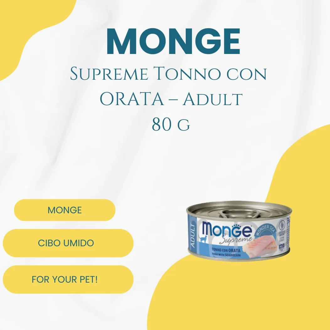 MONGE Gatto Umido Tonno con Orata – Adult | alimento umido bilanciato per gatti adulti, senza conservanti e coloranti, Made in Italy, 12 scatolette da 80 grammi.