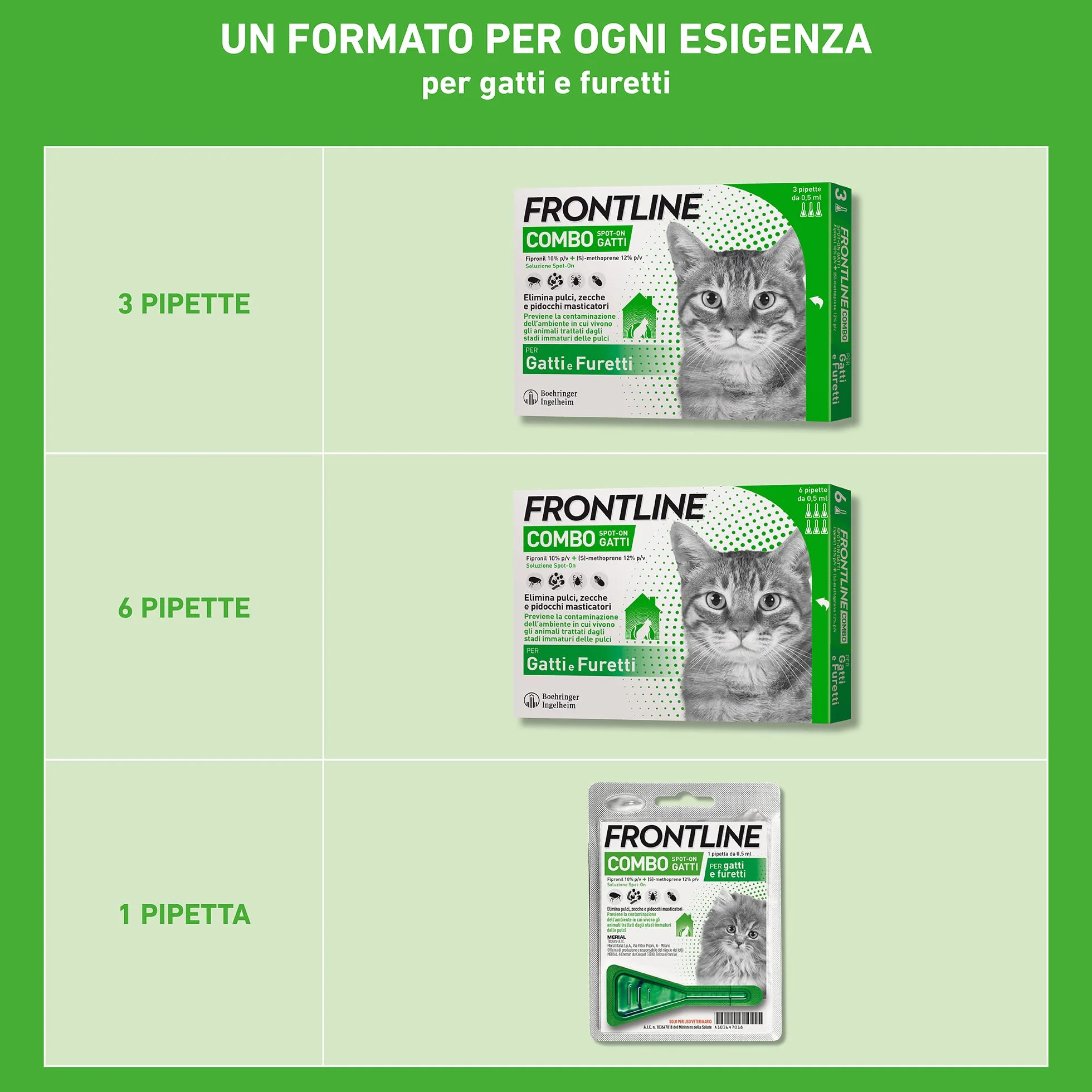FRONTLINE Combo 6 Pipette Antiparassitario per Gatti Lunga Durata Protegge da Pulci Zecche Uova Larve 0.5 ml