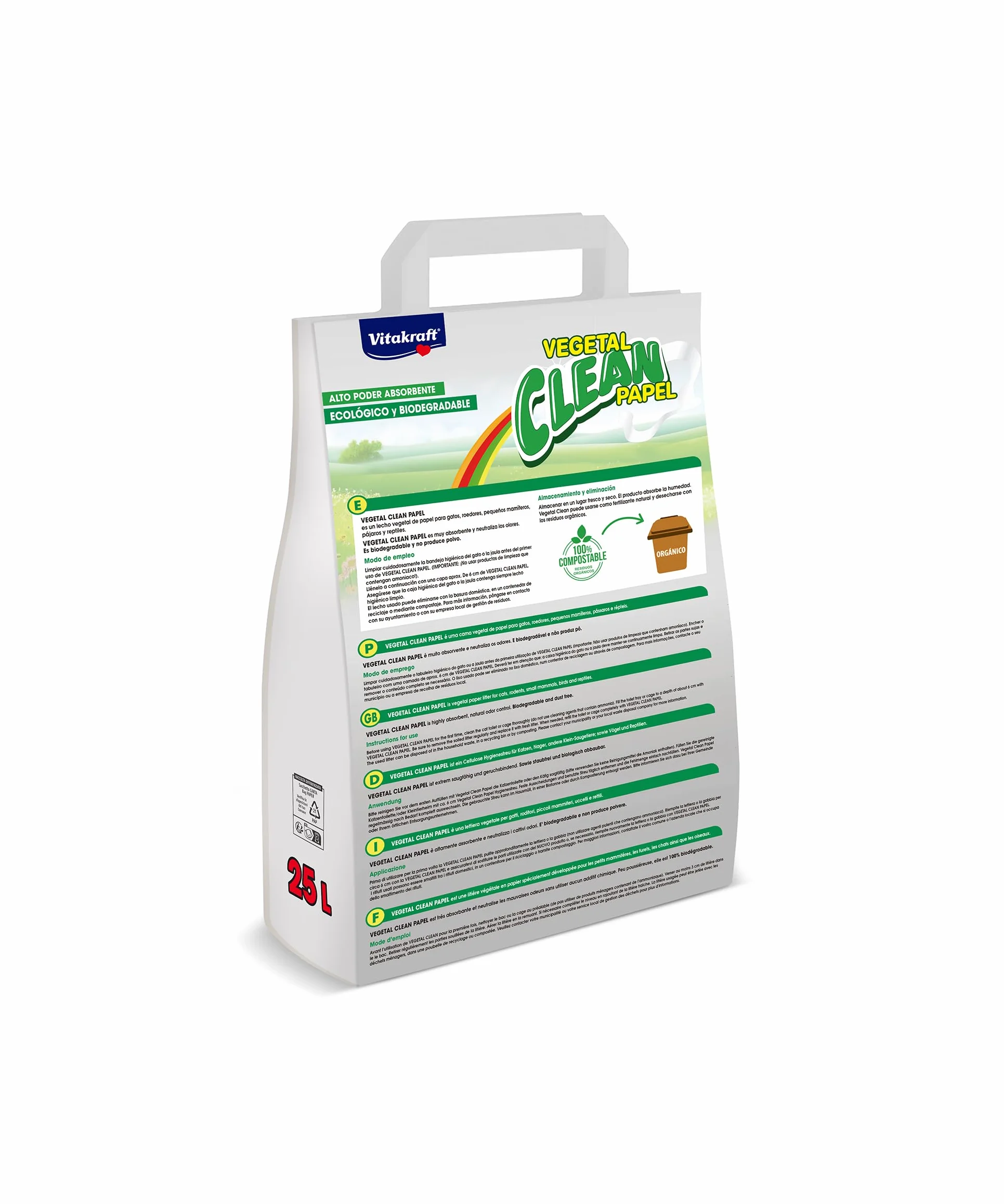 Vitakraft Vegetal Clean Papel, lettiera per Piccoli Animali, roditori, Uccelli e Gatti, con Controllo degli odori e assorbenza (1x 25l)