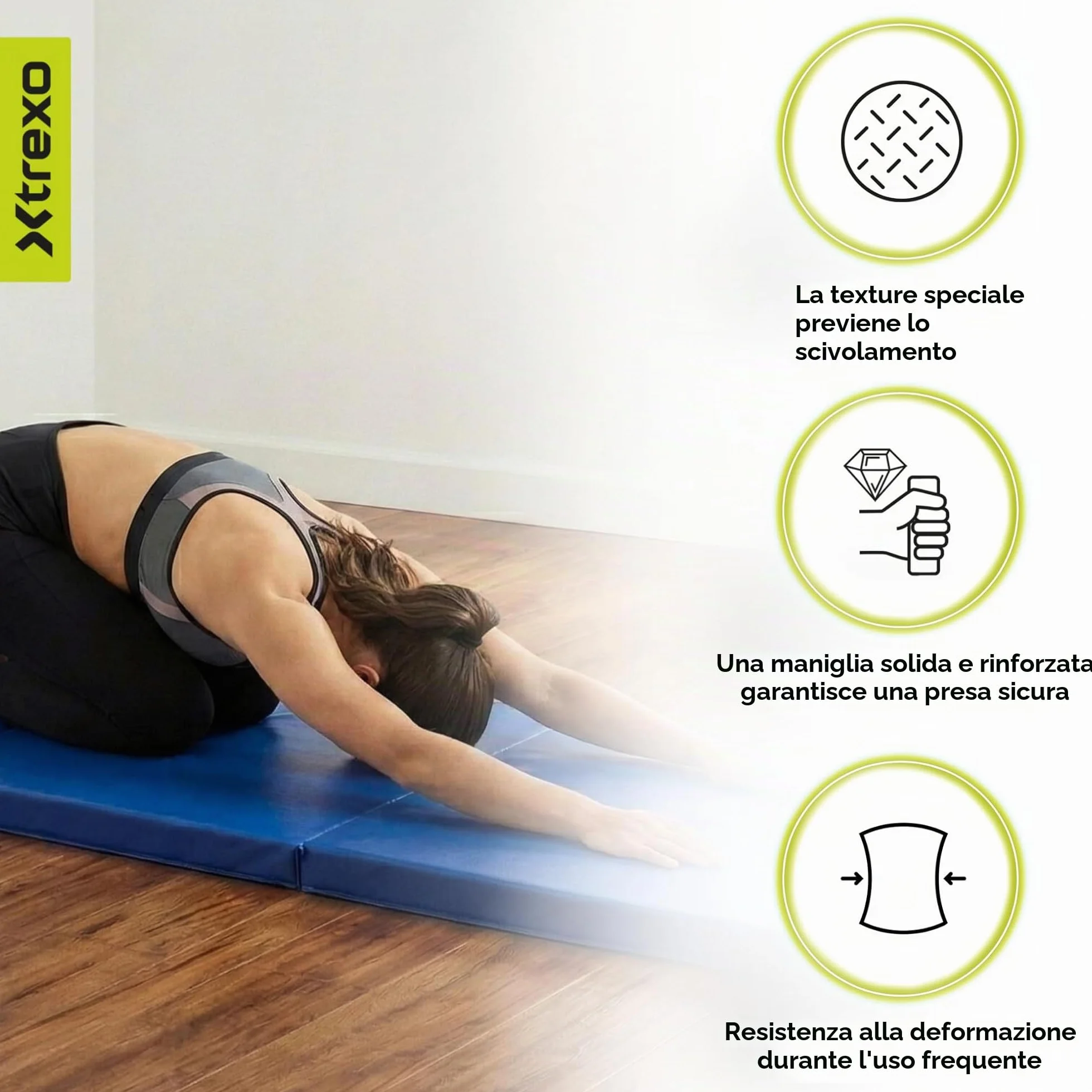 XTREXO Materasso da ginnastica pieghevole, 180 x 60 x 5 cm, 3 pezzi, rivestimento in pelle ecologica resistente all'abrasione, schiuma di polietilene flessibile, maniglia per il trasporto, facile da