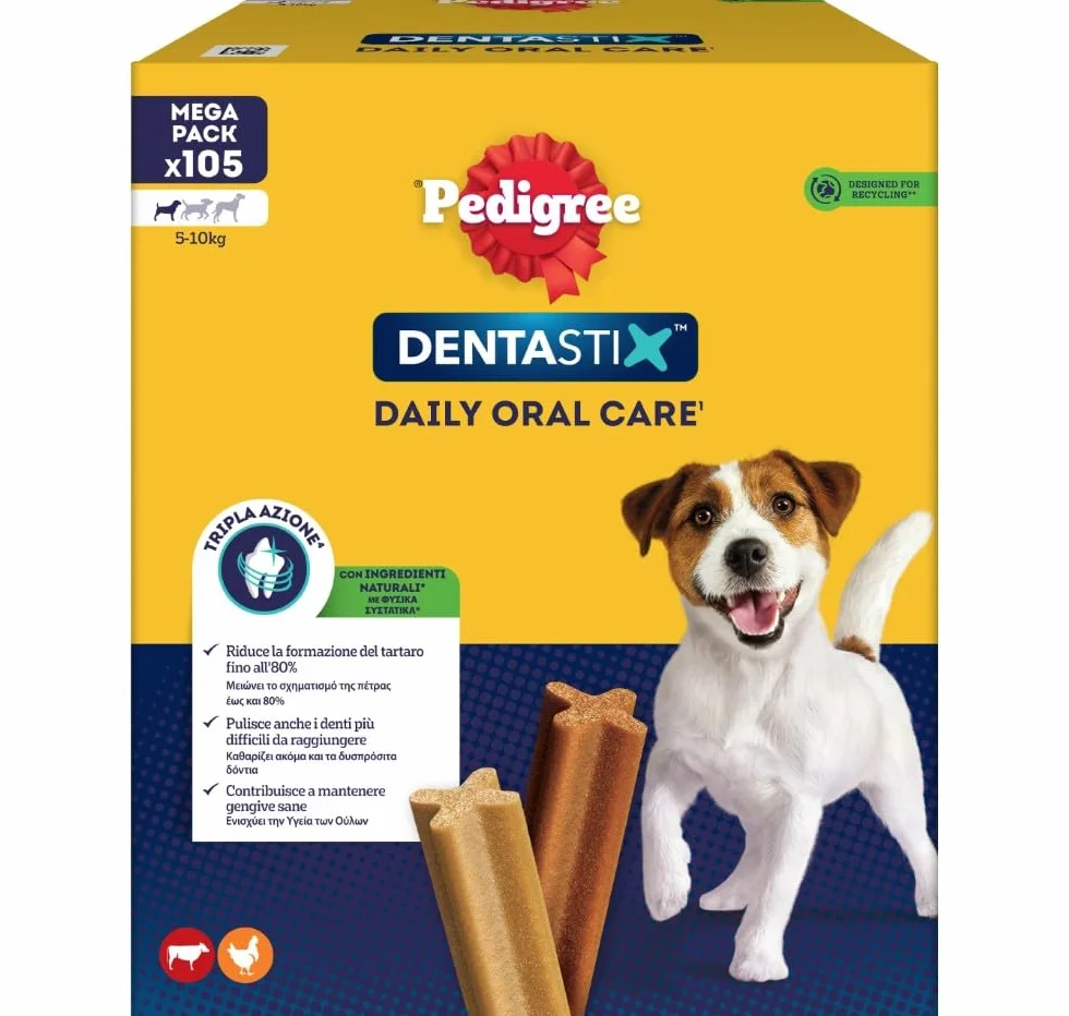 Pedigree Dentastix Snack per la Igiene Orale (Cane Piccolo 5-10 kg), 110 g 105 Pezzi - 15 Confezioni da 7 pezzi (105 Pezzi totali)