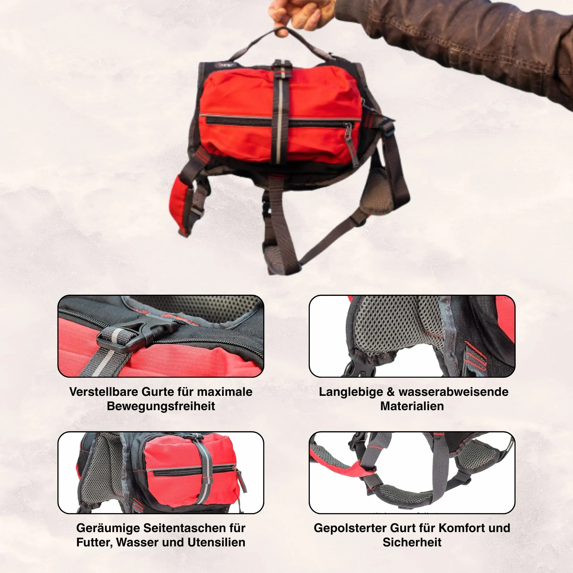 iEnergy Zaino per cani MAL - Zaino per cani - Zaino resistente alle intemperie per cani - Zaino da trekking ben imbottito, Rosso, Piccolo