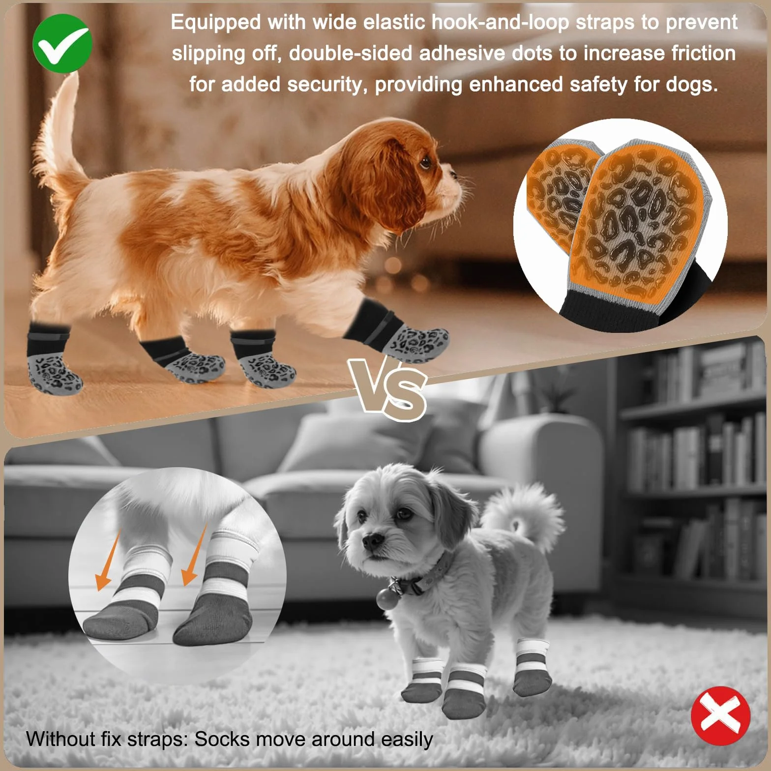Calzini per Cani Antiscivolo con Chiusura a Strappo Regolabile, 2 Paia, Anti-leccamento per Cani Interno/Esterno (M)