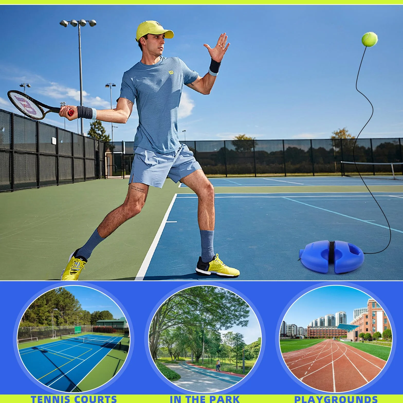 ELNLE Tennis Trainer Elastico, Gioco Tennis con Pallina Legata con Corda, Allenatore Tennis da Solo con 2 Sfere di Ricambio