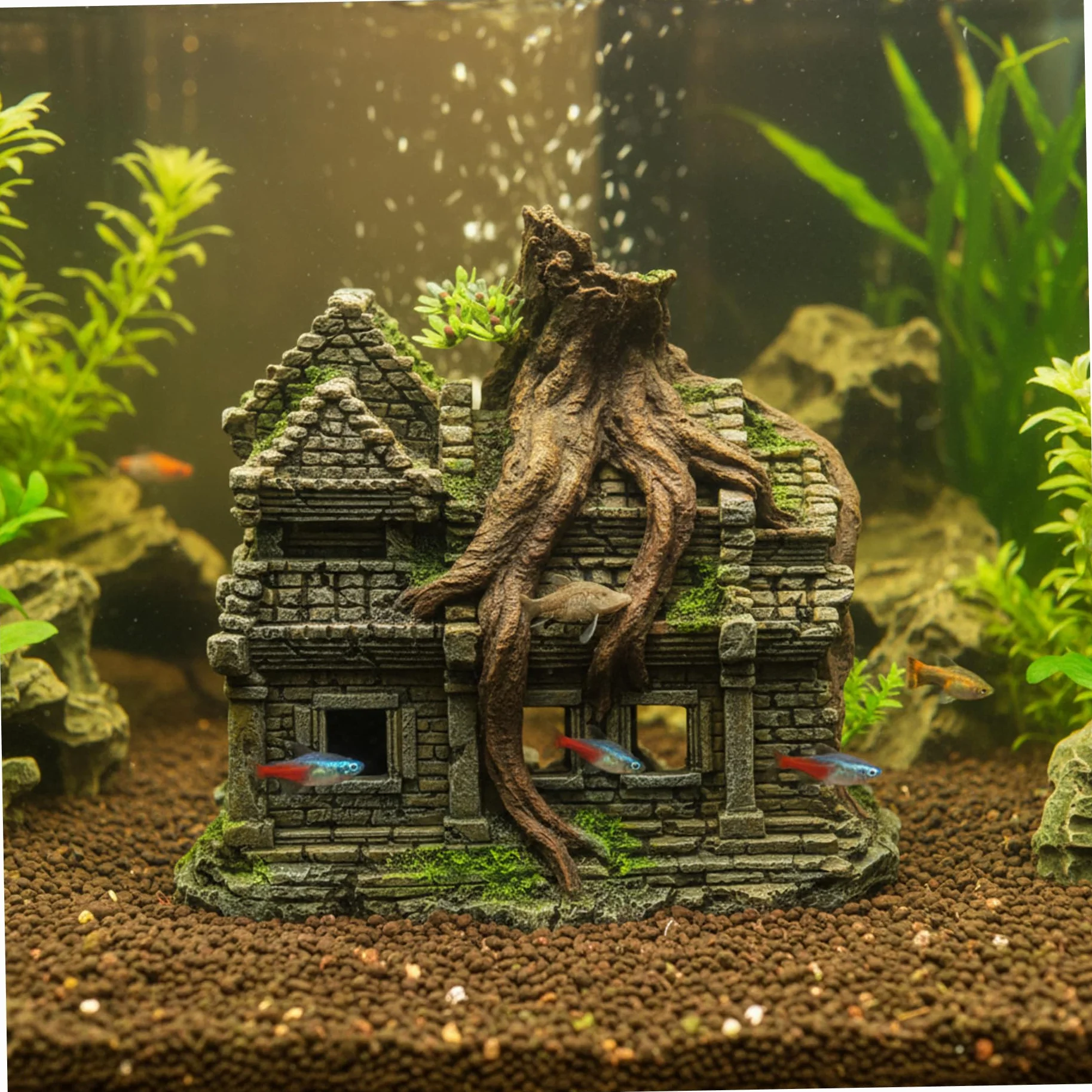 Realistico Castello ad arbusto per Acquario con Grotta – Grandi Decorazioni per Acquario, Ornamento in Resina Dipinto a Mano per Pesci Betta e gamberetti Che nascondono e Giocano