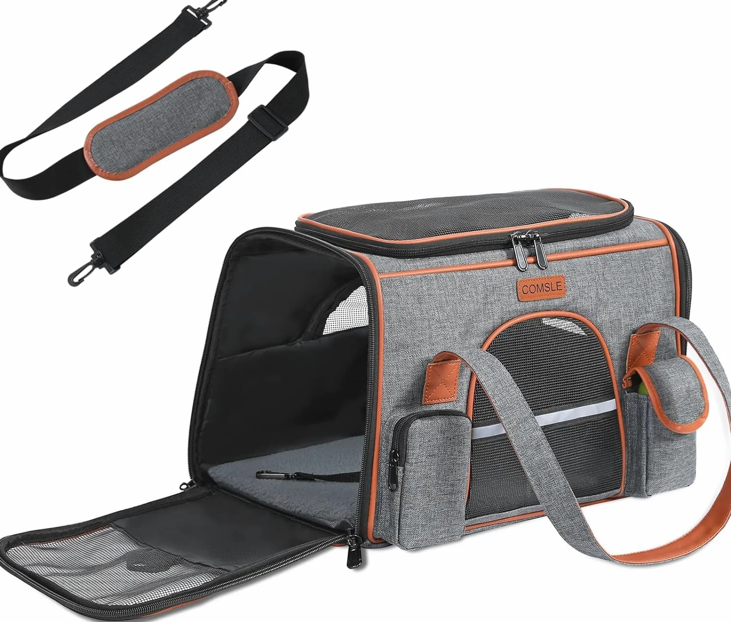 COMSLE Trasportino per Cani e Gatto Pieghevole con 5 Finestre a Rete Traspirante, Morbido per Viaggi, Portatile con Tracolla Comode, Grigio Scuro