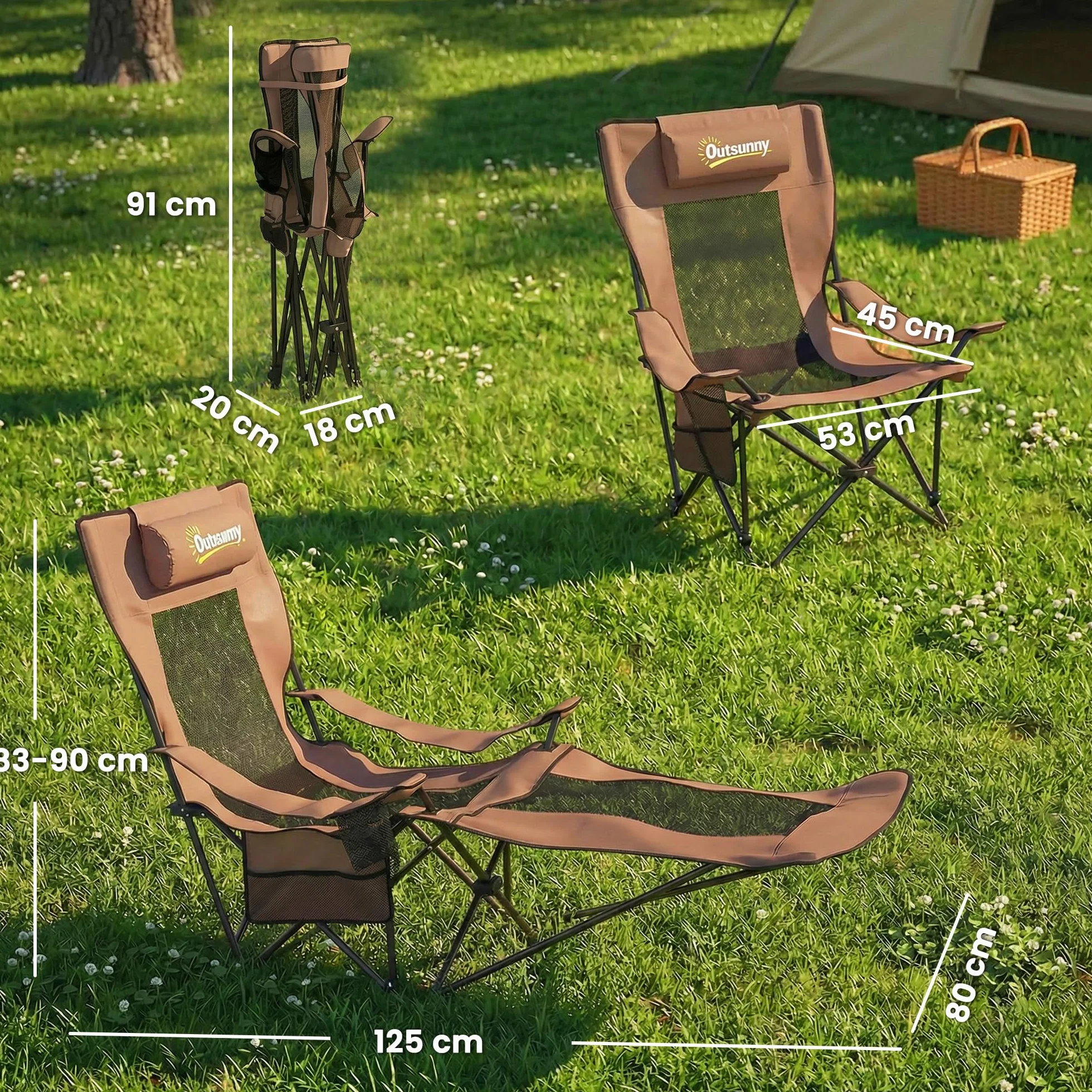 Outsunny Set 2 Sedie da Campeggio Pieghevoli con Poggiapiedi Staccabile, Portabicchieri e Tasca Laterale, Sedie da Giardino in Tessuto Oxford e Metallo, 165x80x90 cm, Marrone e Nero