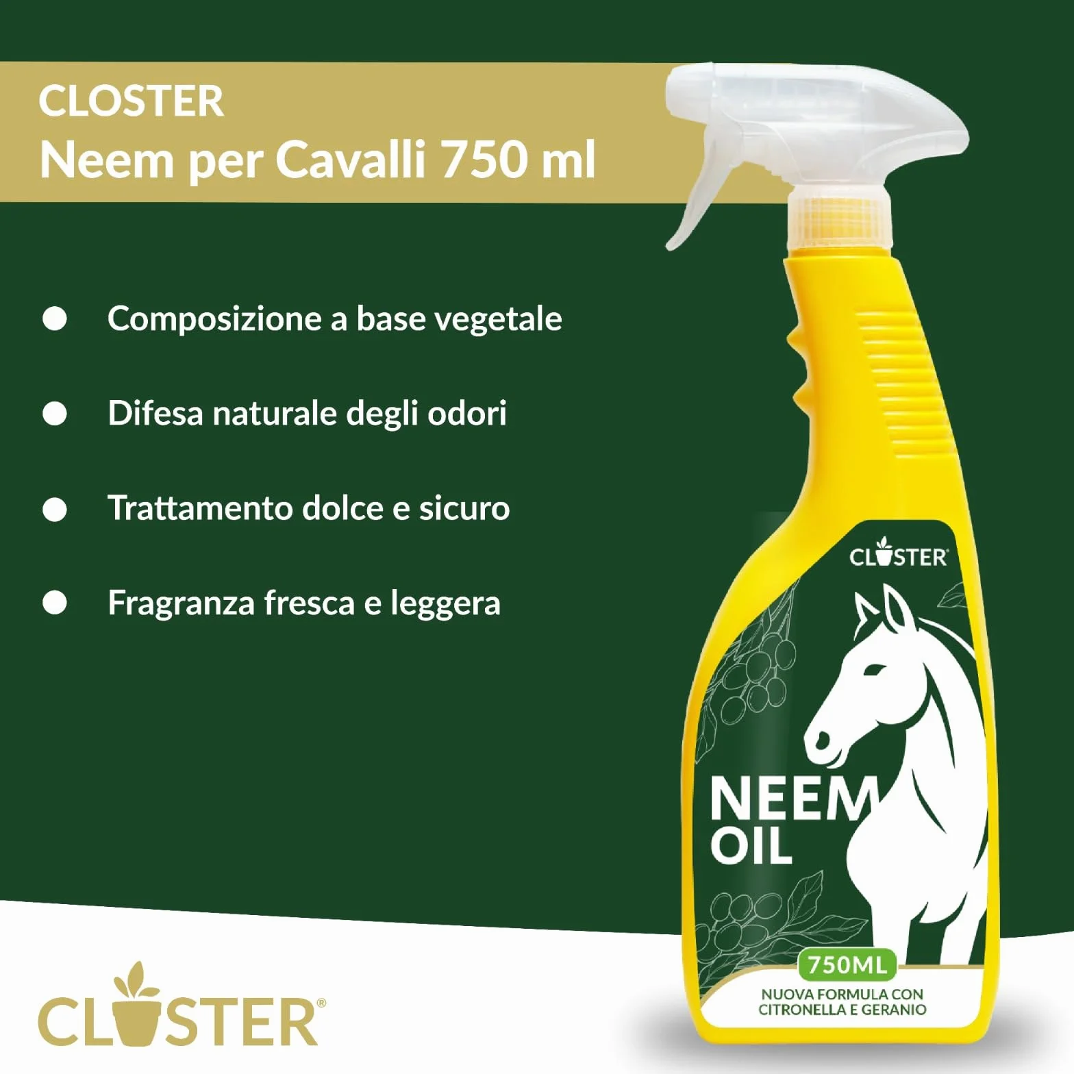 CLOSTER Olio di Neem Spray 750ml Repellente Insetti Cavalli - Made in Italy