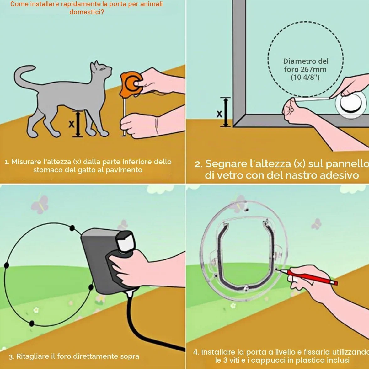 Porta per gatti trasparente a 4 vie con chiusura, cancello rotondo resistente, kit per porte interne ed esterne