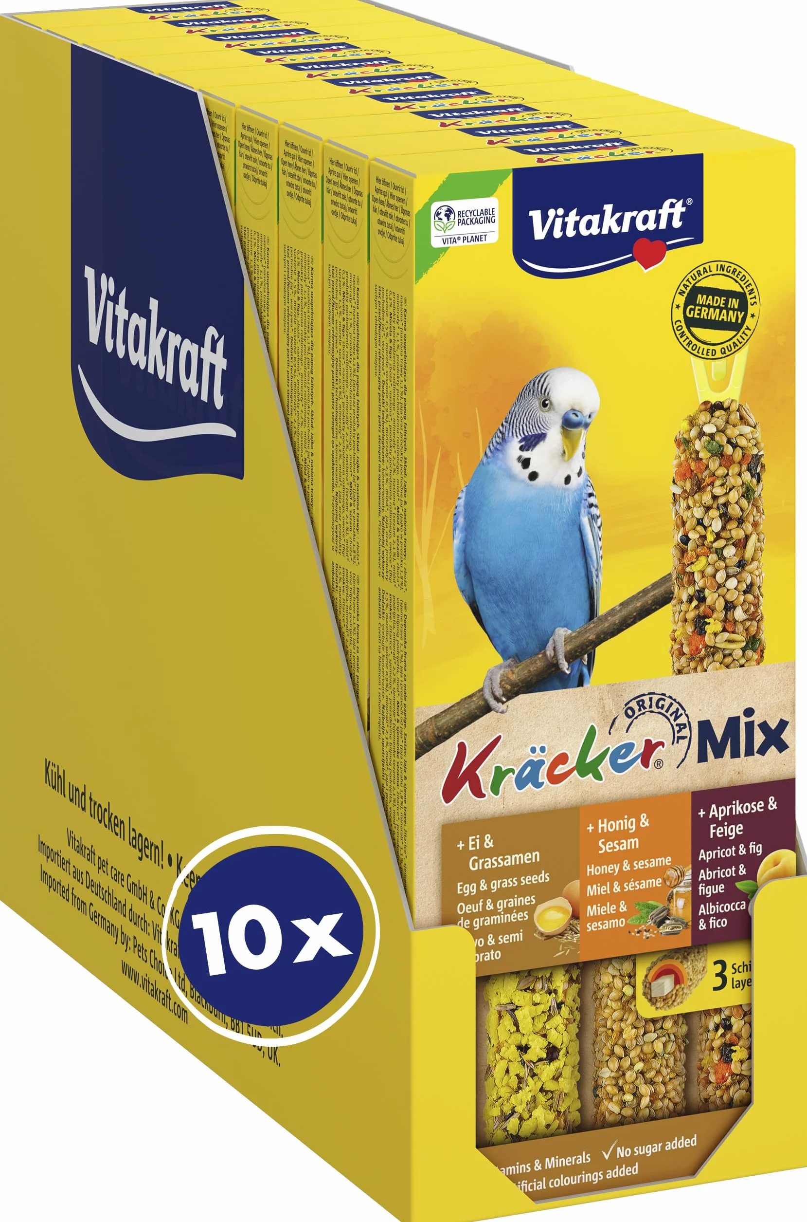 Vitakraft Kräcker Mix, snack uccelli, bastoncini da sgranocchiare, con uovo e semi da prato, con albicocca e fico, con miele e sesamo, per la cura del becco, senza zuccheri aggiunti (10x 80g)
