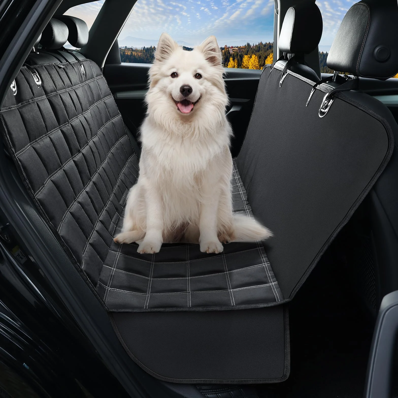 KYG Copertura per cani per sedile posteriore dell'auto 4 in 1, sedile posteriore con protezione laterale, 100% impermeabile, antigraffio e antiscivolo, per auto, camion e SUV, 135 x 147 cm, nero