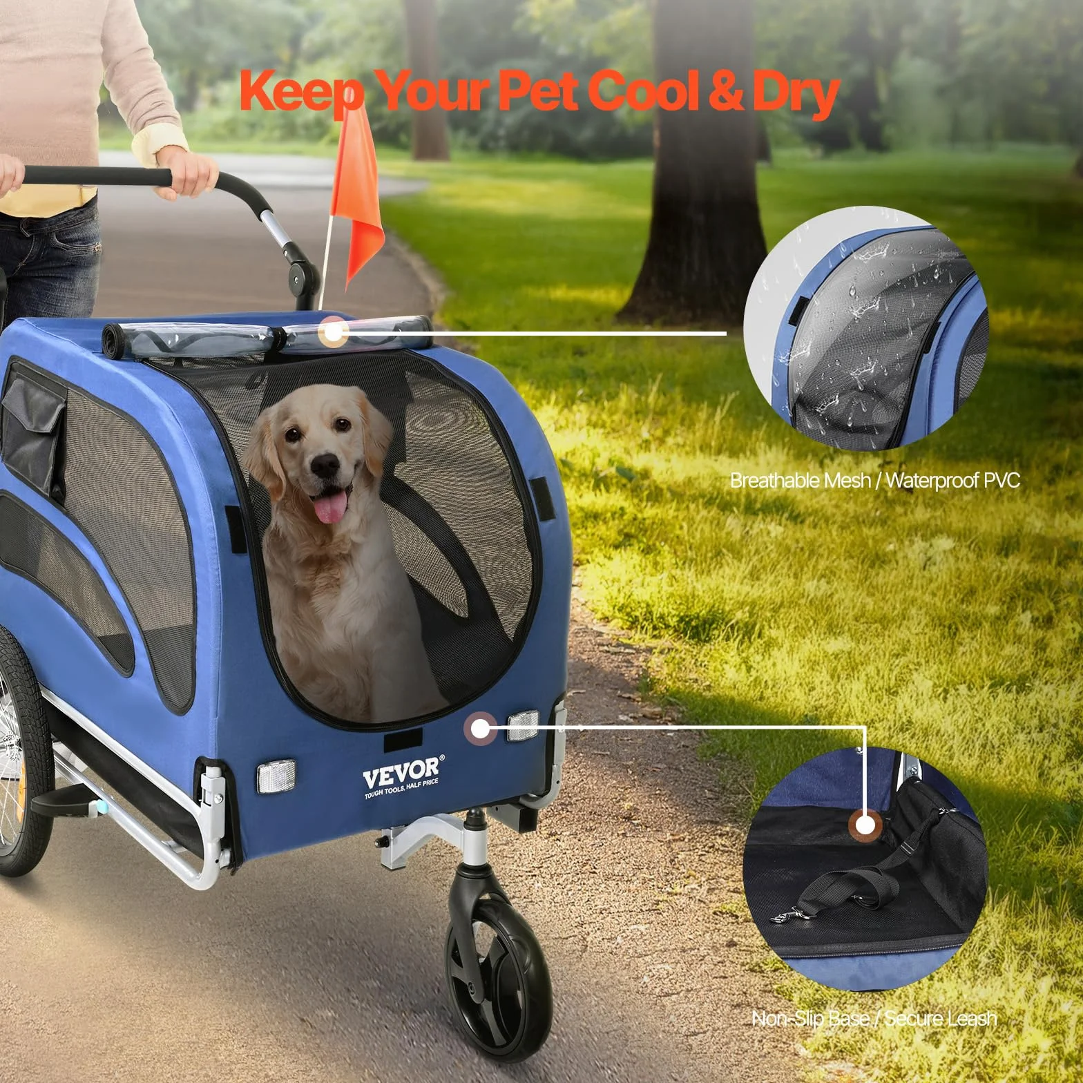VEVOR Rimorchio Bici per Cani Pieghevole Portata max. 45kg Passeggino per Animali Domestici con Ruote a Sgancio Rapido, Attacco Universale, Carrello per Bici Traino Rimorchio per Animali Nero/Blu