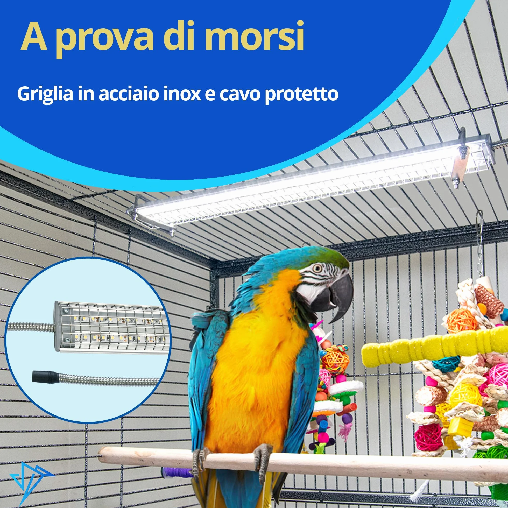 M&M Cage Company Luce per Gabbia HappyBird con Protezione Anti-Morso – LED a Spettro Completo – Illumina in Modo Naturale – Sicura per Pappagalli – Facile da Installare