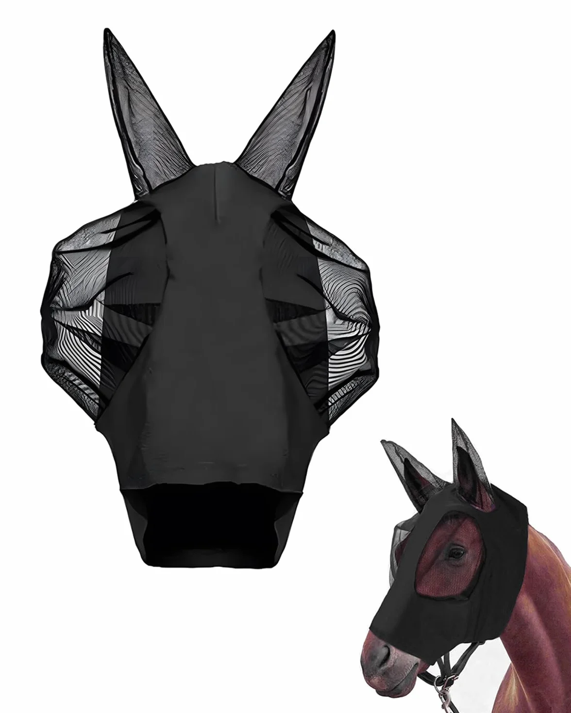 1pz Maschera Cavallo Nera, Protezione Mosche e UV Traspirante, Anti-Insetti, con design ergonomico per comfort e benessere equino