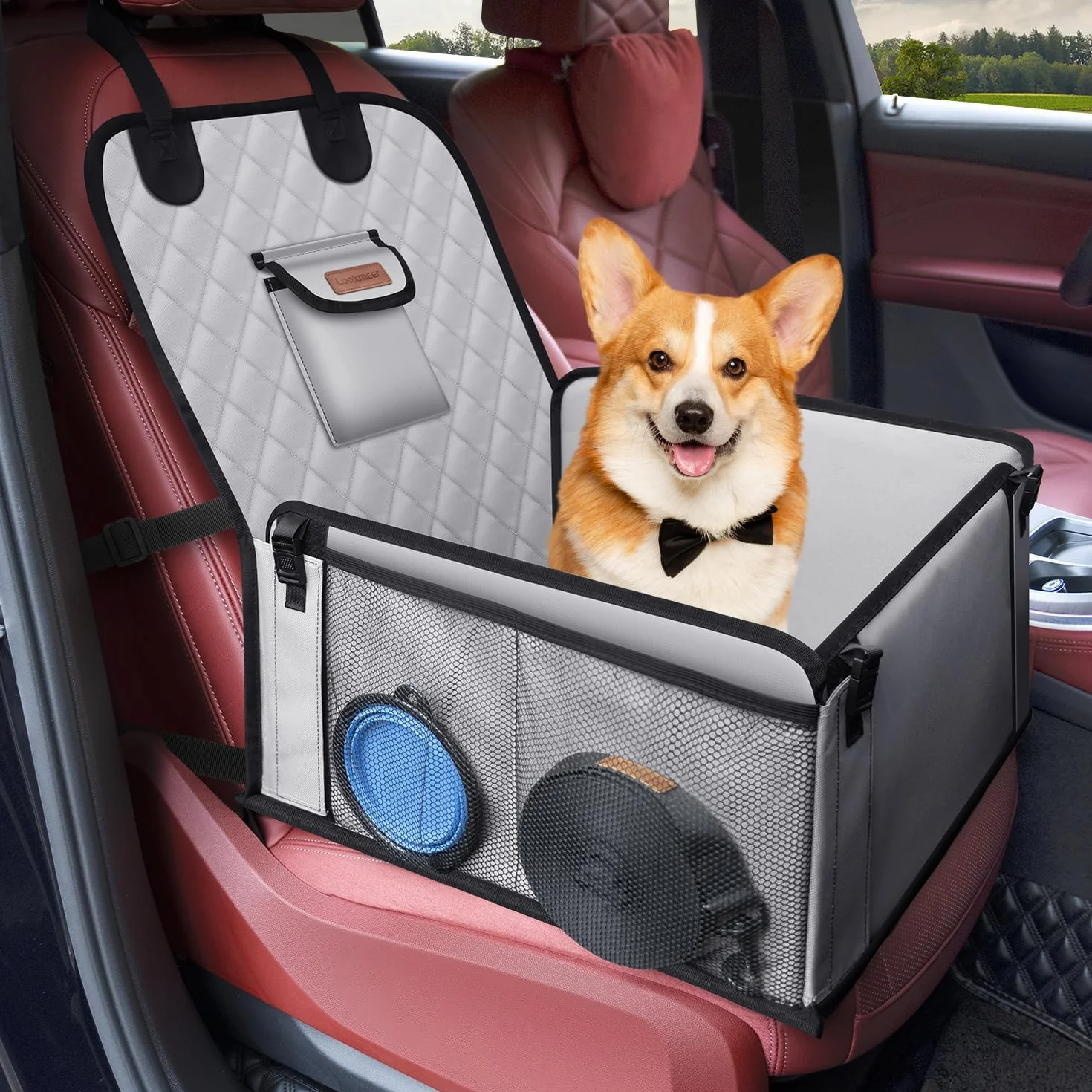 Seggiolino Auto per Cani, Trasportino Impermeabile Antistrappo Antisscivolo per Piccola e Media Taglia con Rete Laterale e Cintura di Sicurezza Universali per Auto SUV Camion, Grigio