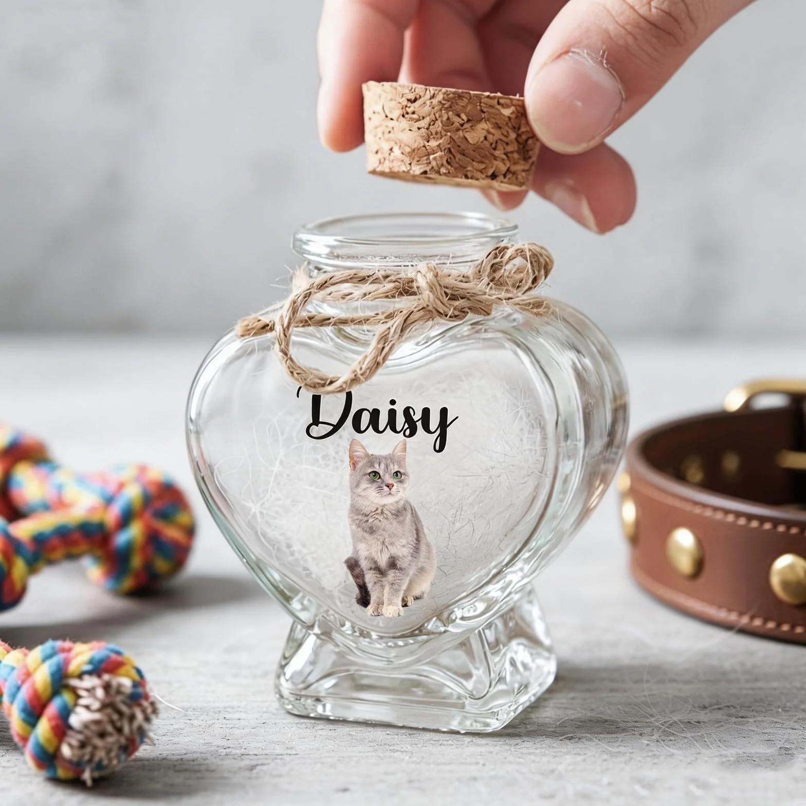Barattolo di Vetro a Forma di Cuore Personalizzato per Animali Domestici, con Foto e Nome Personalizzabili. può Contenere Ceneri o Pelo. Regalo commemorativo per Animali Domestici (Heart)