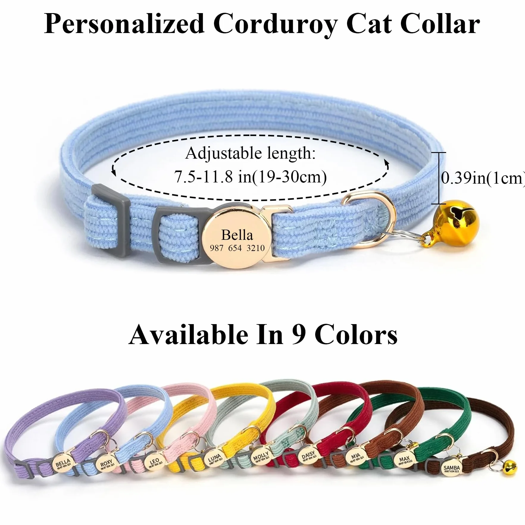 Collare gatto personalizzato con campana, nome e numero di telefono inciso su misura, tessuto regolabile morbido, fibbia a rilascio rapido Breakaway