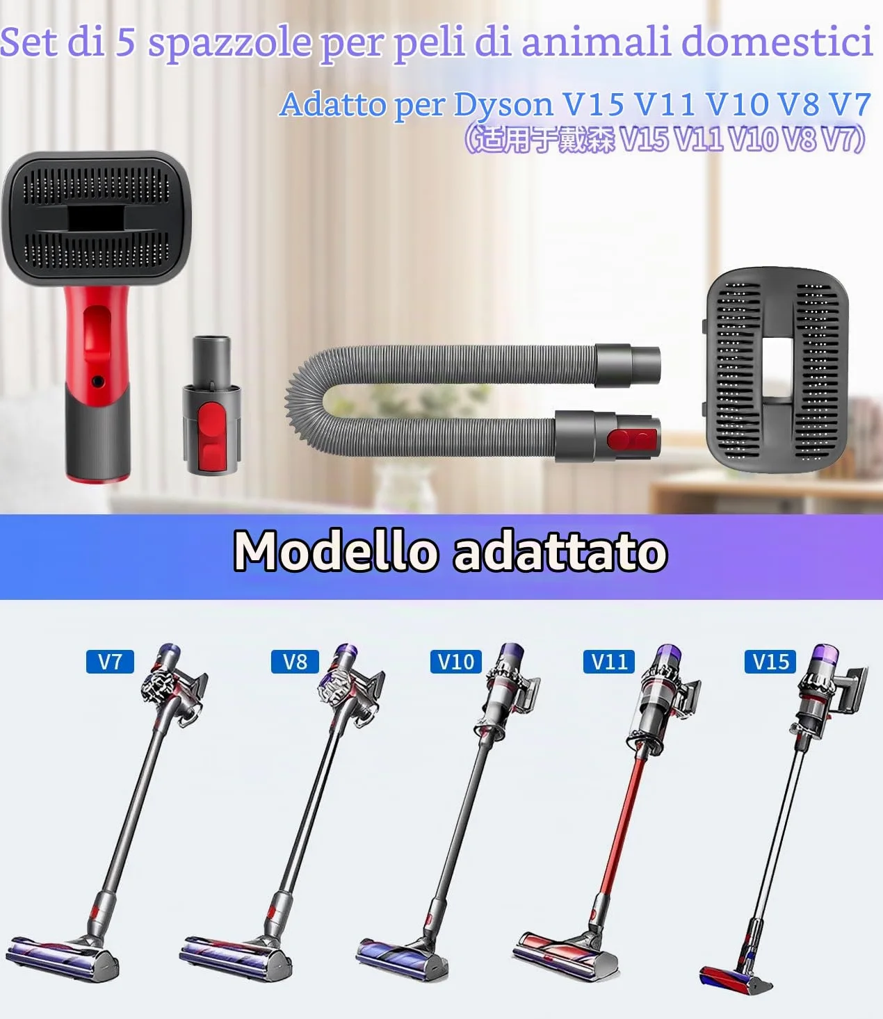 Spazzola per Cani,Peli Cane Gatto Compatibile per DysonV15 V11 V10 V8 V7,Spazzola Aspira Peli Animali Domestici con Adattatore Convertitore,1Tubo di prolunga, 2 Spazzolini,Pet Grooming Kit Ricambi
