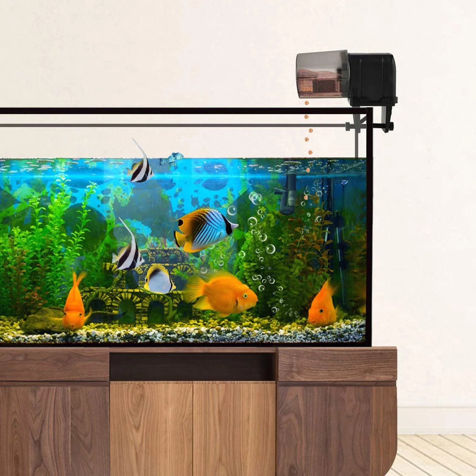 Alimentatore automatico per acquario litchi, distributore di cibo per pesci con timer controllato WIFI 2.4G con display LCD per vacanze in stagno per acquario(Nero)