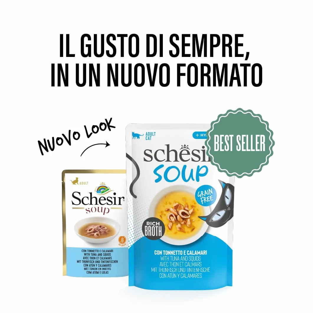Schesir, Zuppa con Filetti di Tonno e Calamari, in busta, Cibo Umido Complementare per Gatti, Ricetta Originale, 100% Naturale, Cruelty Free, 12 x 40g