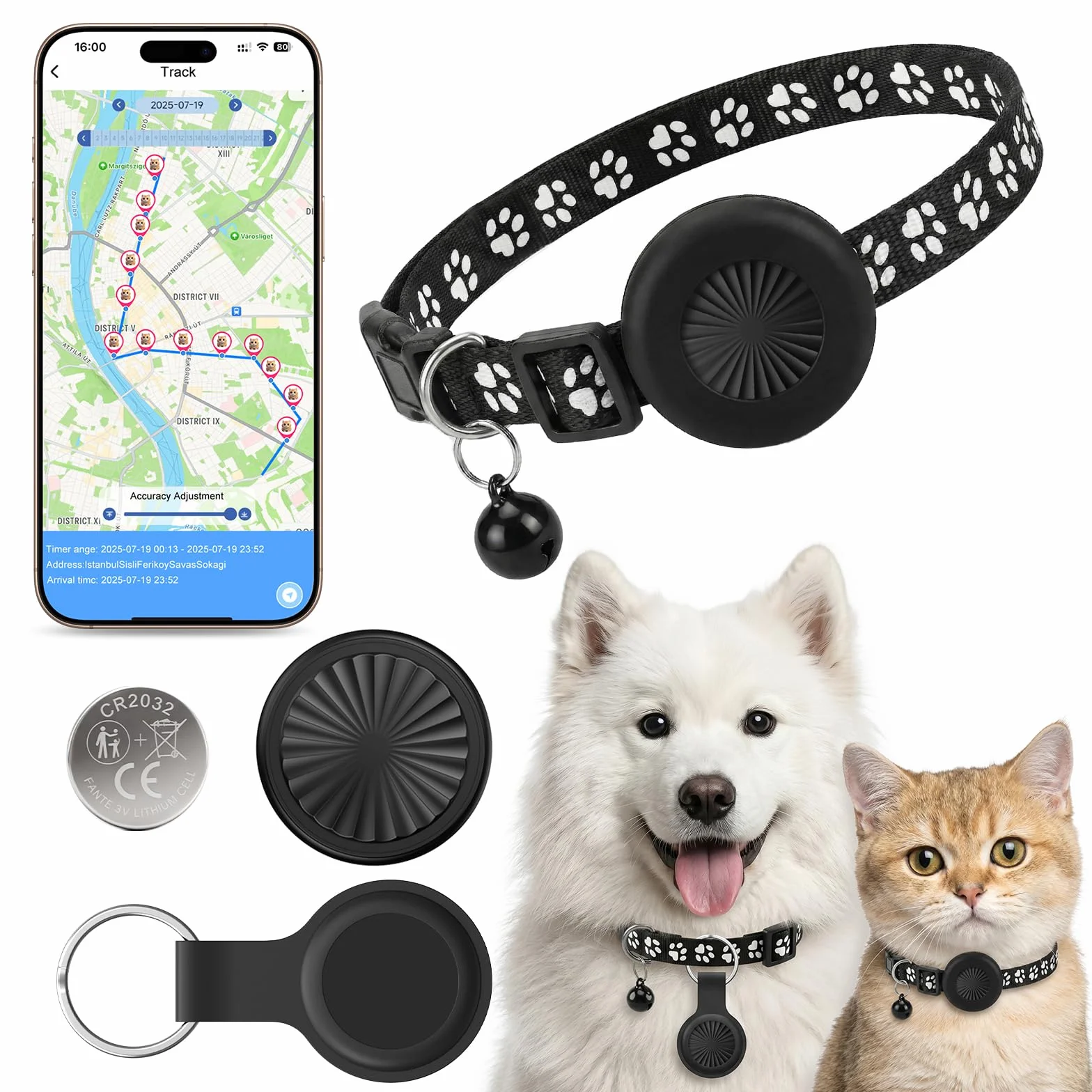 Collare GPS Gatto, GPS per Cani, Localizzatori GPS per Cani e Gatto Compatibile con iOS e Android, Tracciamento in Tempo Reale, Riproduzione Percorso 7 Giorni, Impermeabile IP67, Nessun Abbonamento