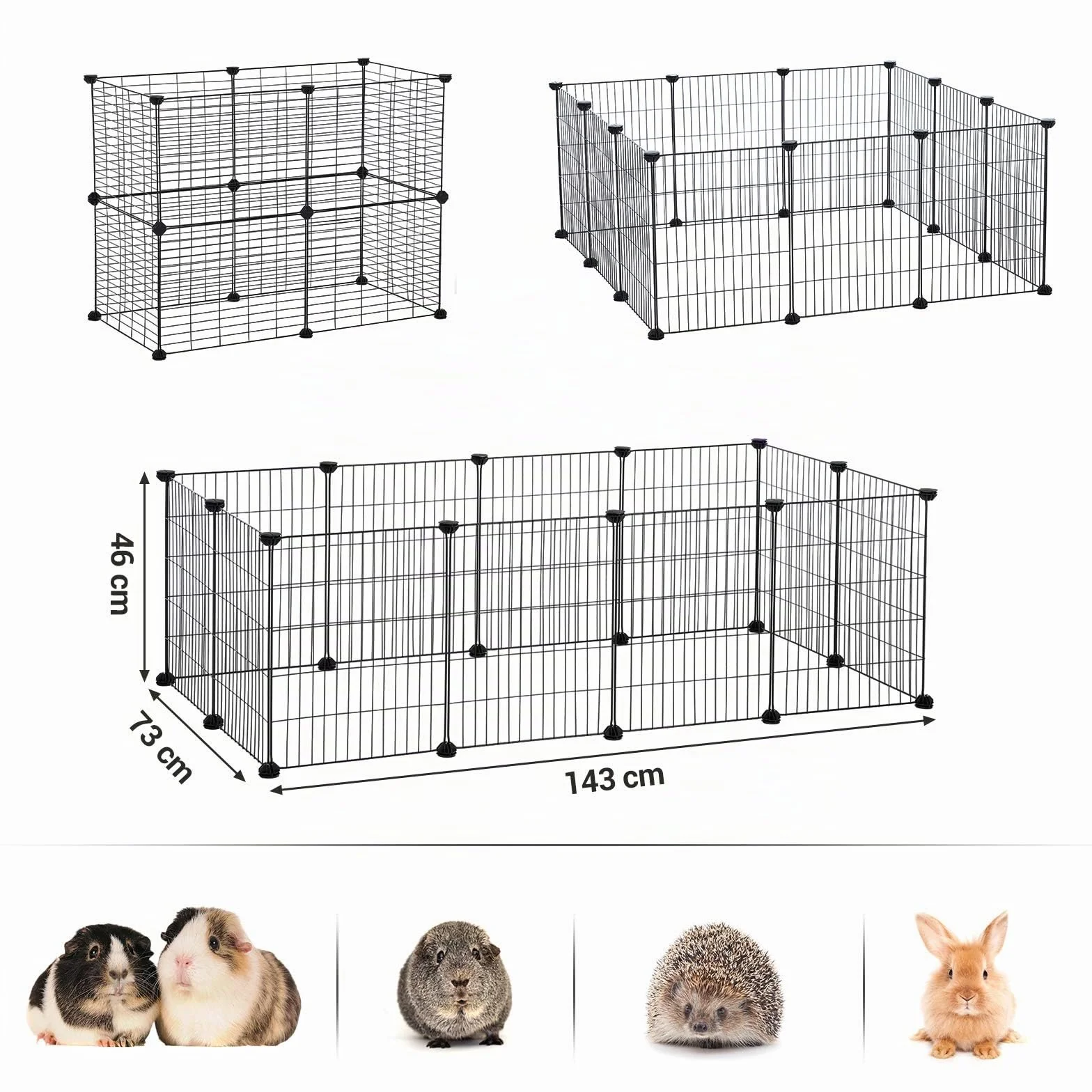 SONGMICS Recinto per Animali di Piccola Taglia, Recinzione Personalizzabile per Criceti, Conigli, Rete in Metello, Include Martelletto e Fascette, per Uso Interno, Nero LPI01H