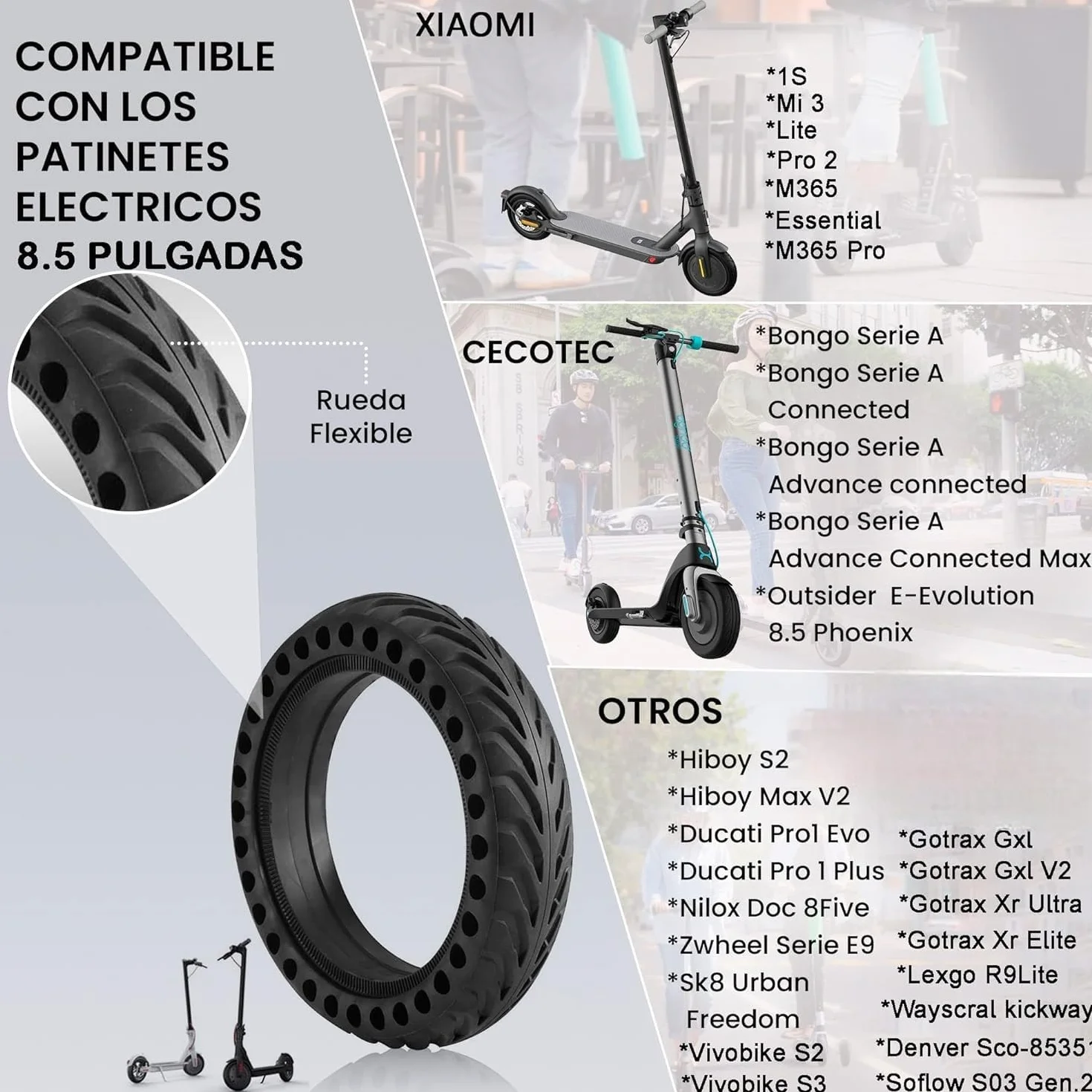Pneumatico Monopattino Elettrico Antiforatura 8 1/2 Xiaomi M365 Mi PRO 2 1S Cecotec 8,5 Pollici