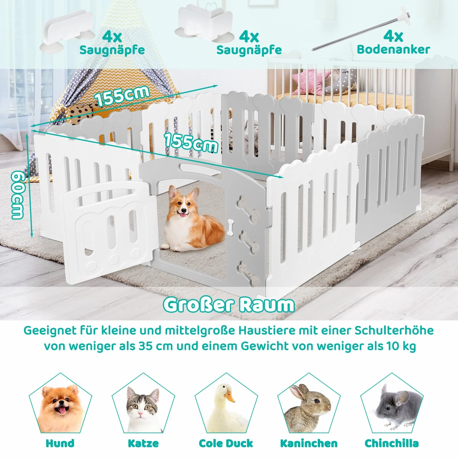 MAMIZO Recinto per Cani Interno Esterno 60cm, Box Cani 7+1 Pannelli Pieghevole, Recinto Gatti Plastica con Cancello, Grigio-Bianco