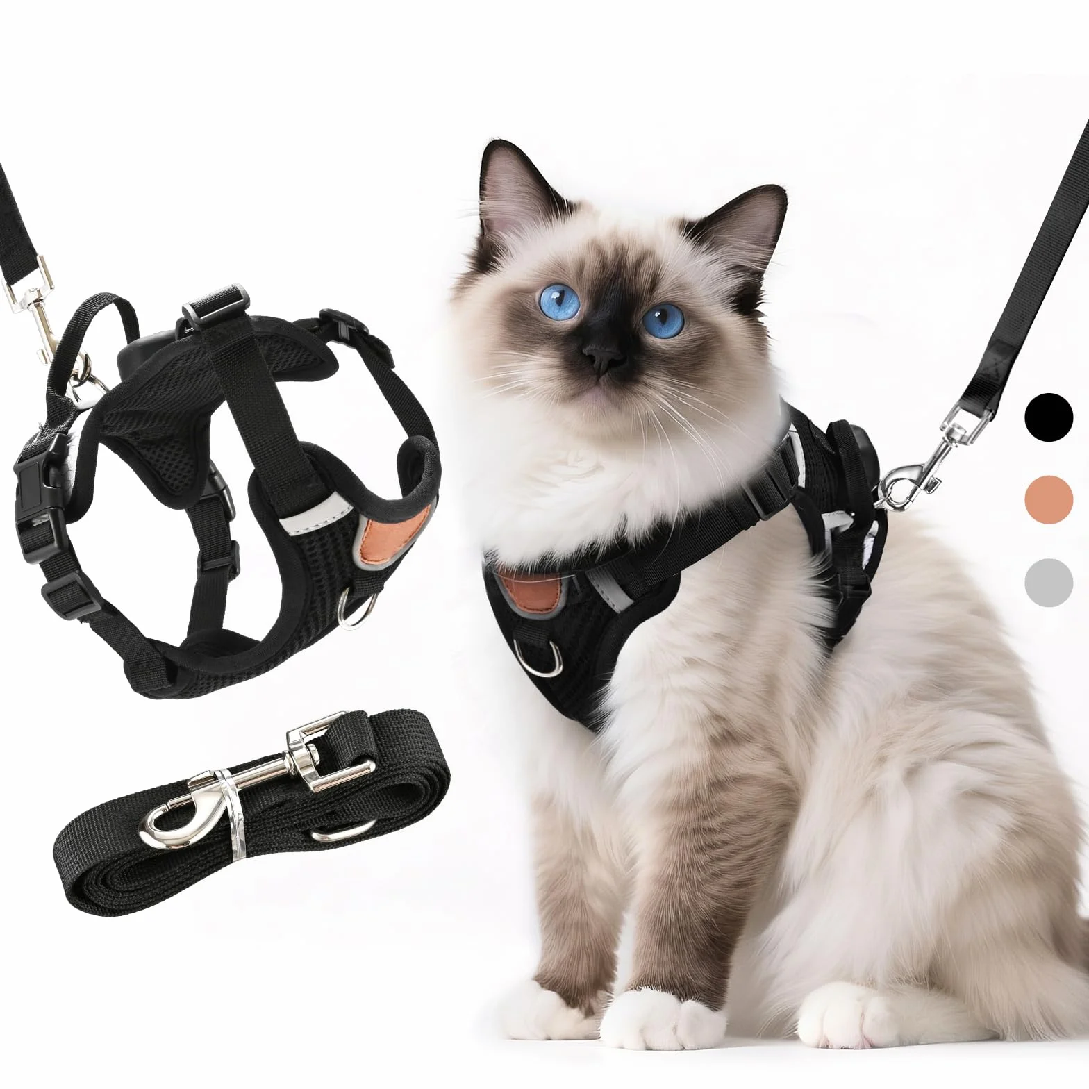 Pettorina per gatti regolabile con guinzaglio, antirottura per gatti, con strisce riflettenti e tessuto a rete traspirante, per gattini, cuccioli (Nero, S)