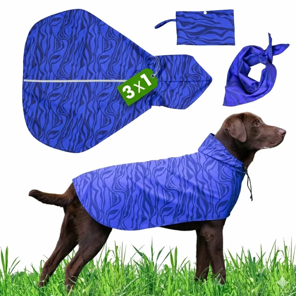 Impermeabile Cane, Cappottino Cane Taglia Piccola, Media, Grande con Tessuto Premium Idrorepellente, Stampa Originale ed Elegante, Bande Elastiche Regolabili, Bandana e Borsa Abbinata (L)