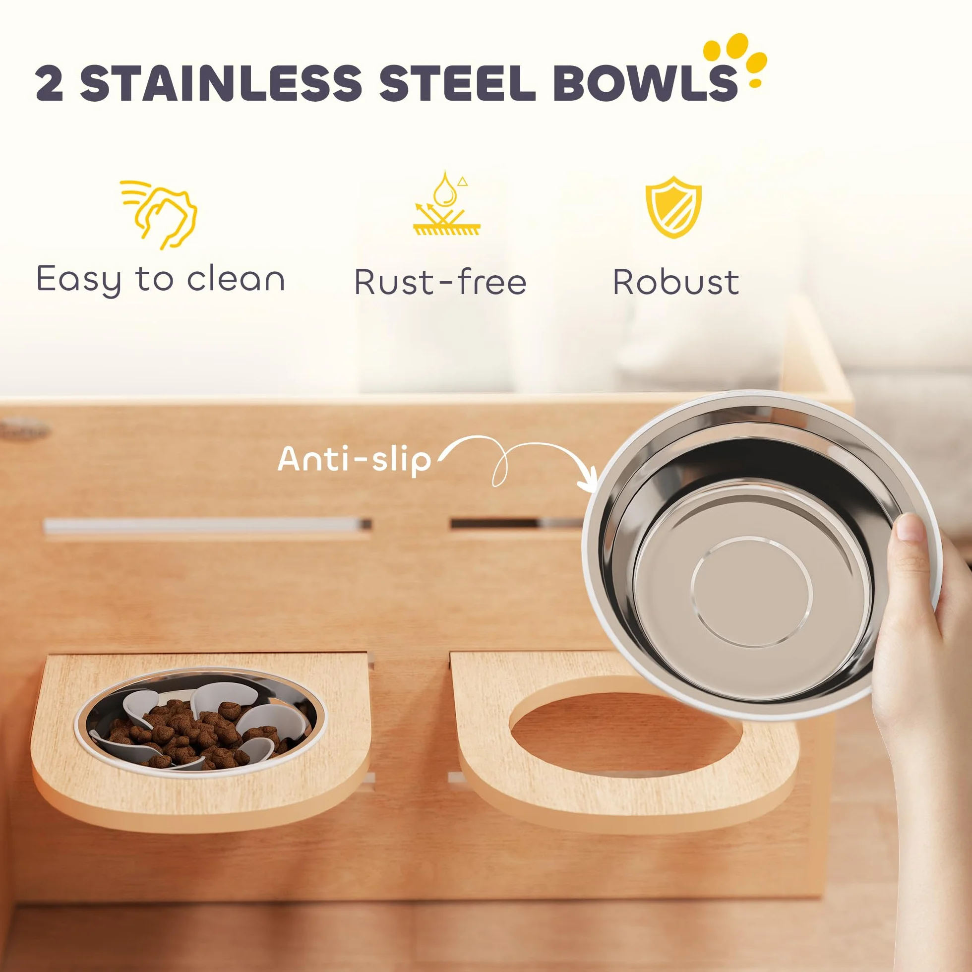 PawHut Ciotola per Cani rialzata di 3 Altezze Regolabili, Ciotola per Cani con 2 Ciotole in Acciaio Inox, Tappetino per Alimentazione Lento, Design Separato, per Cani Piccoli, Medi e Grandi, Rovere