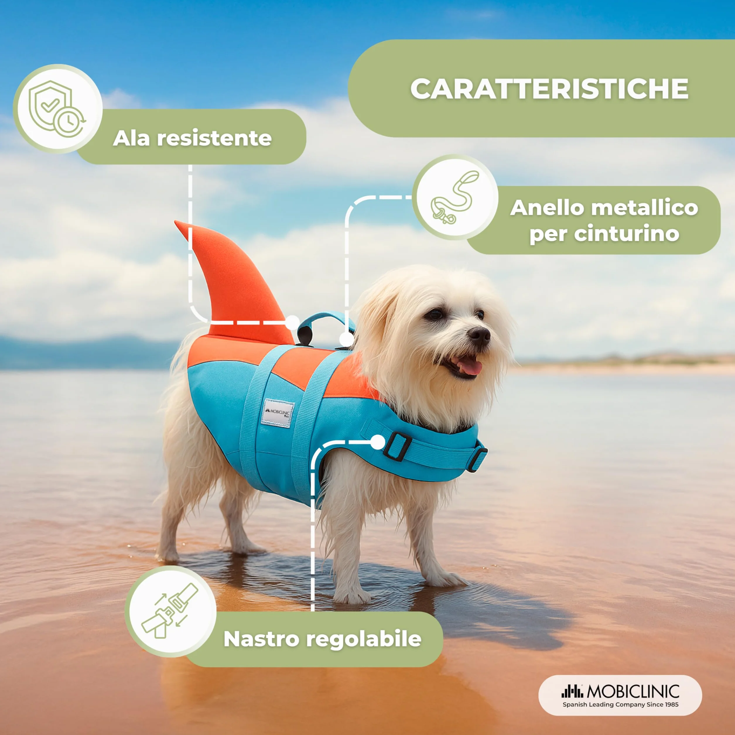 Mobiclinic® Salvagente per Cane Design a Pinna di Squalo Imbracatura Regolabile Galleggiabilità Visibilità Leggero