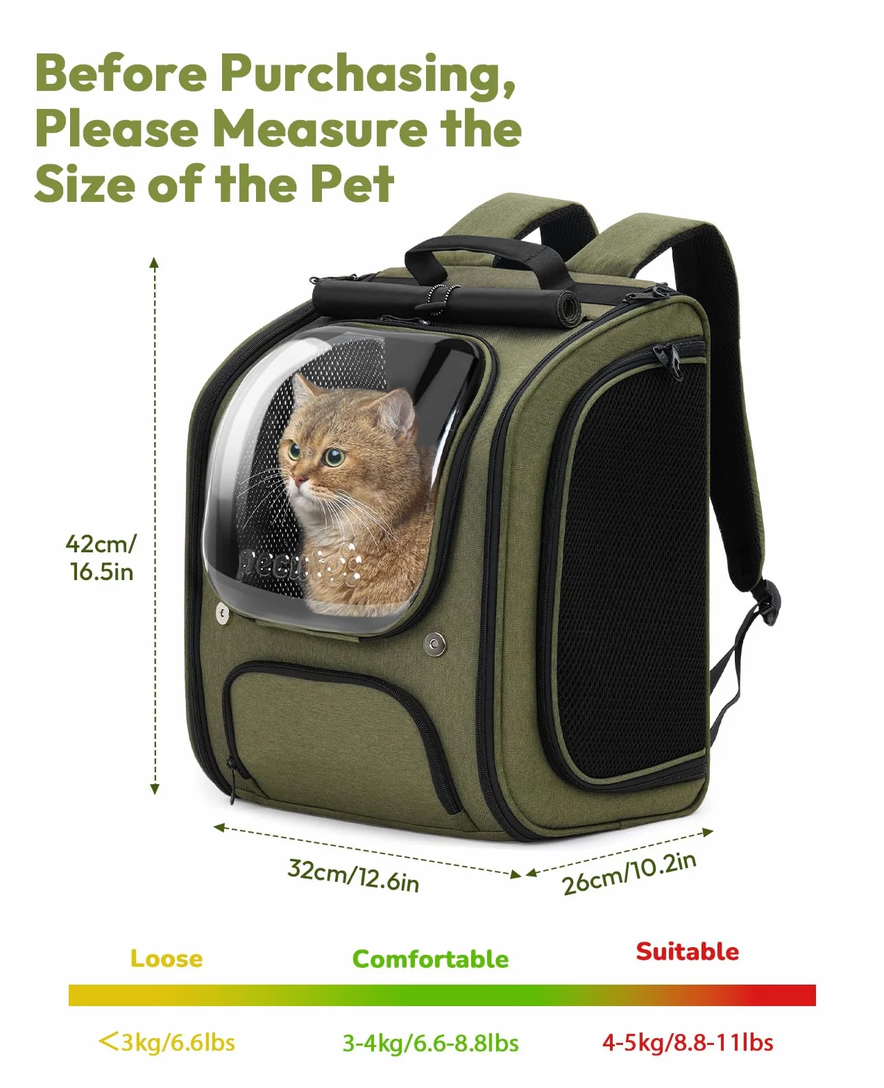 Pecute Zaino Trasportino per Gatti a Bolla - Ampio spazio stabile, parasole traspirante, ideale per viaggiare, fare escursioni, fare visitare cliniche veterinarie con il tuo animale domestico, Verde
