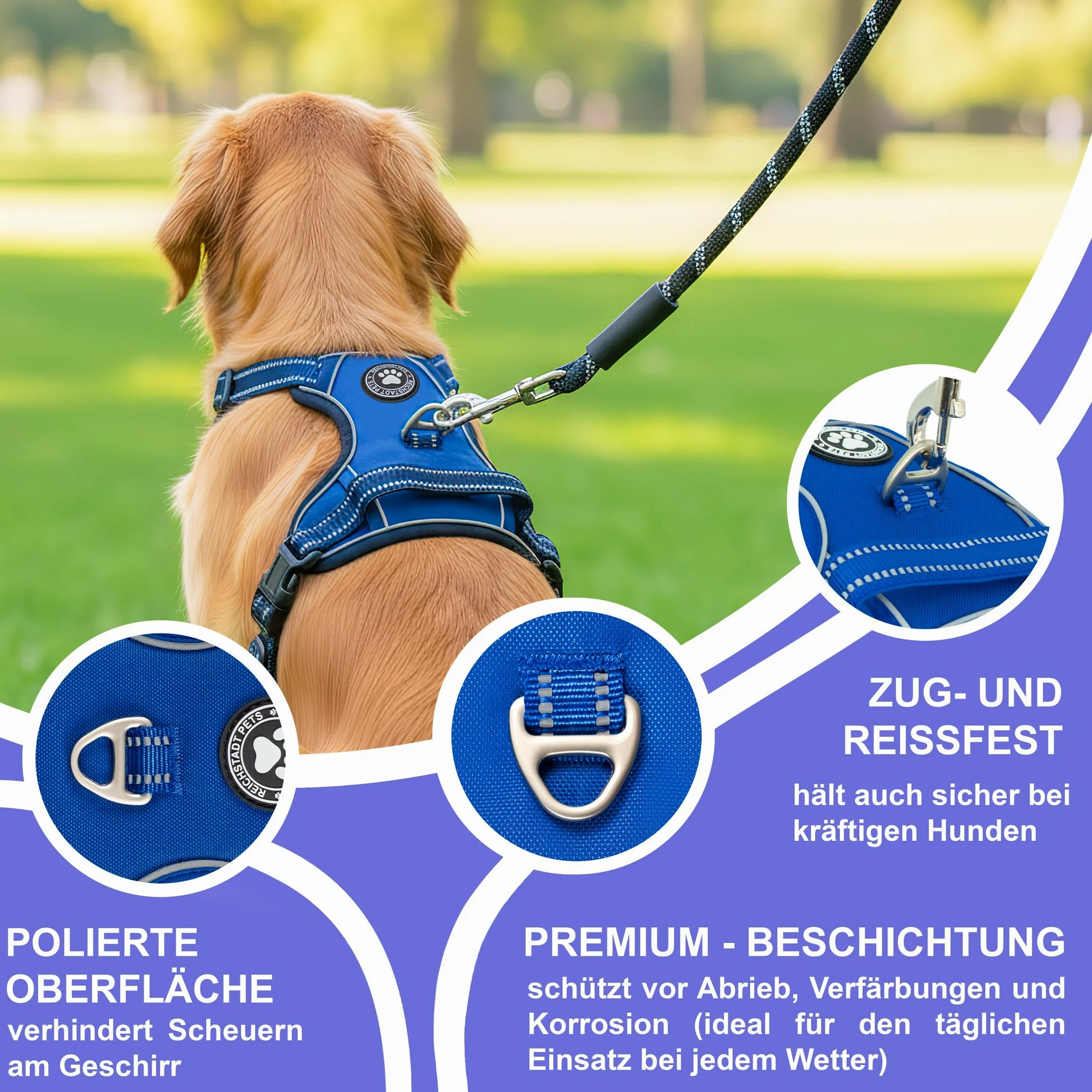 Reichstadt Pets Pettorina Cane Anti-Tiro per Cani Grandi 25RSP083 Blu L | Pettorina regolabile e imbottita con maniglia, inserti riflettenti e tessuto traspirante per passeggiate sicure