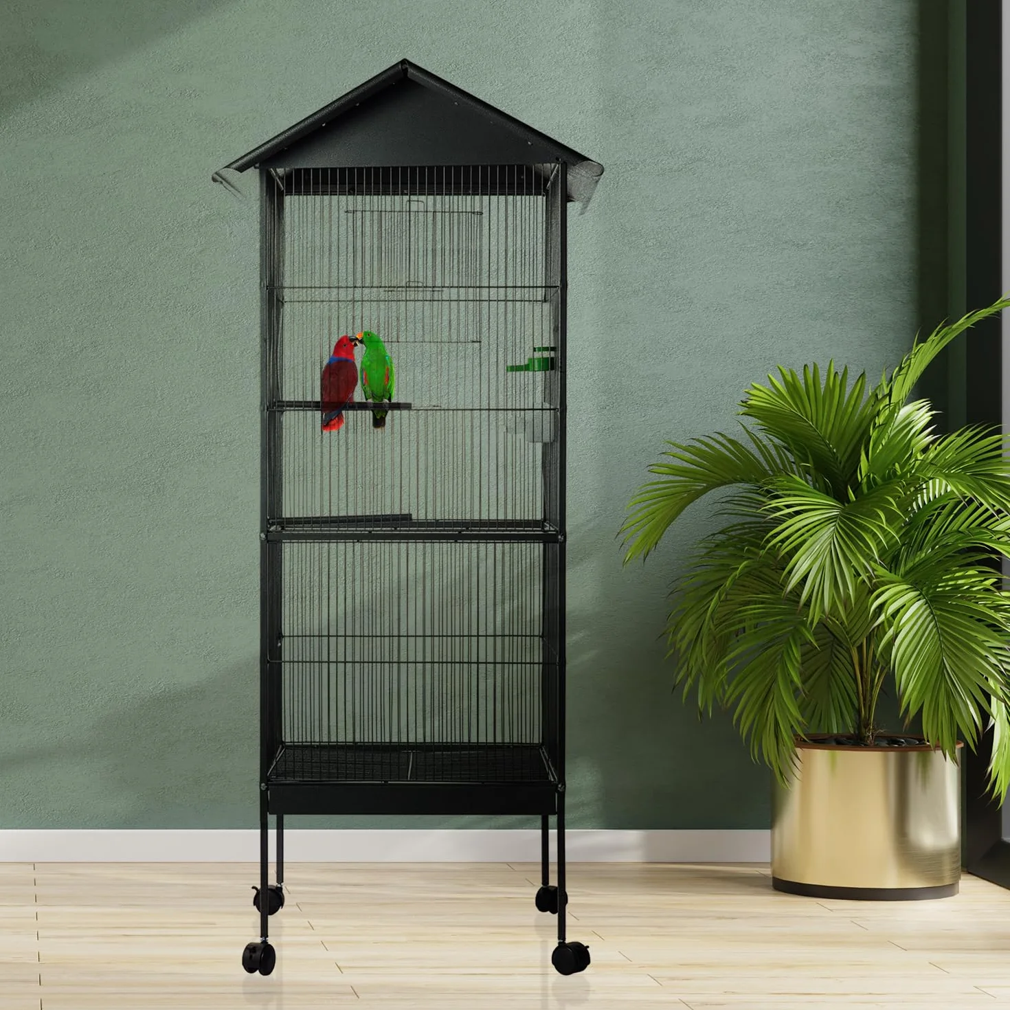 Aqpet Voliera con Tetto per Uccelli Grandi e Canarini, Gabbia in Metallo con Piedistallo e Ruote, Adatta per Interno ed Esterno, Dimensioni 157x52x52 cm, Nero