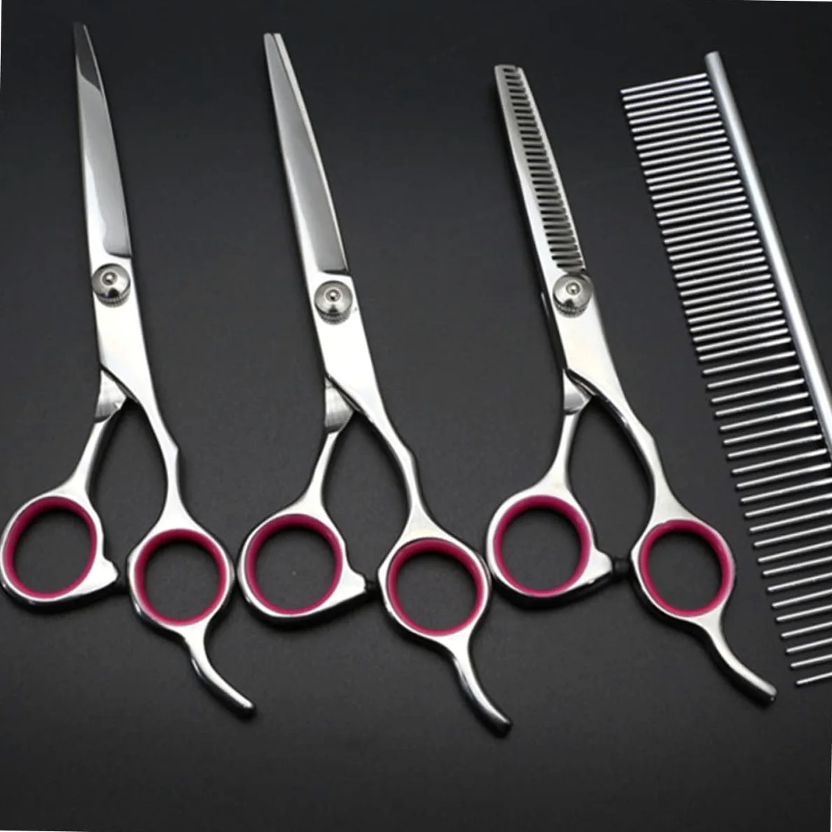 Set Forbici Toelettatura Animali 7 Pollici, 5 Pezzi in Acciaio | Lama Non Smussata, Argento, Include Pettine Dentato e 4 Varianti Curvo, Curvo Giù, Dritto