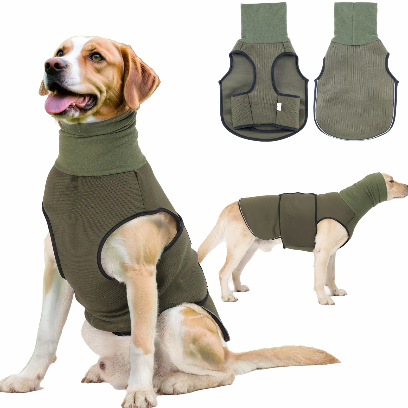 Cappotto Anti Ansia per Cane con Copricapo Giacca Mesh Traspirante Cinghia Regolabile Strisce Riflettenti Calmare L'ansia del Cane (Olive XS)