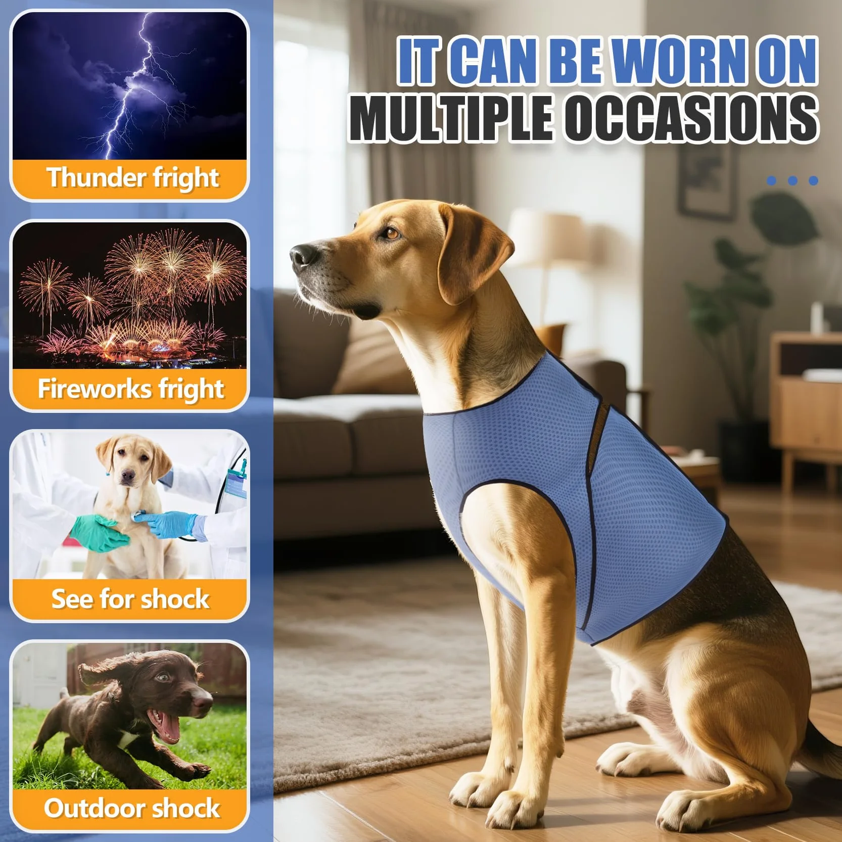 Gilet calmante per cani, per alleviare l'ansia, per cani, comodo e regolabile, morbida pressione, per Thunder, viaggi e fuochi d'artificio (blu, L)