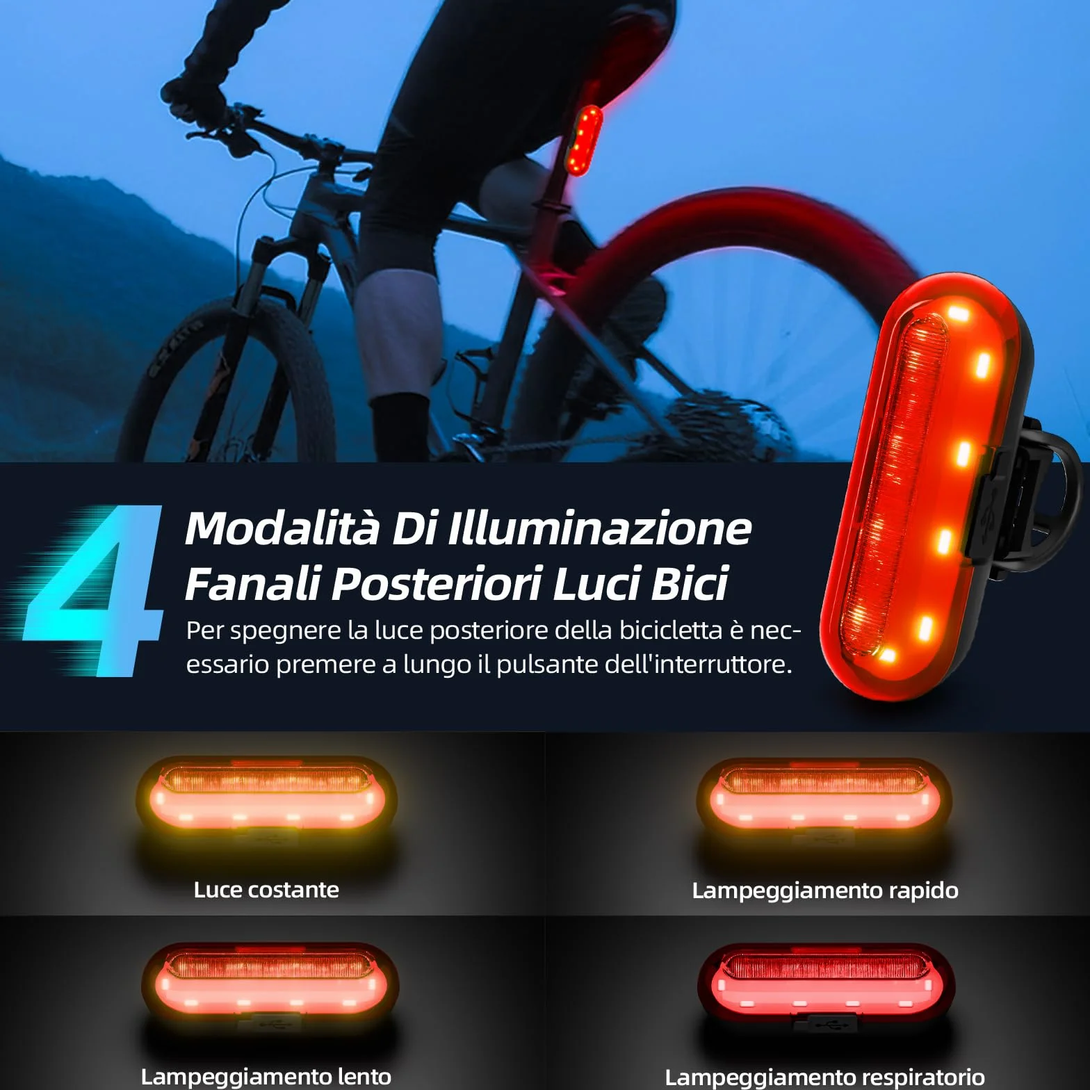 Luci Biciclette LED, Anteriore e Posteriore USB Ricaricabile e Impermeabile IP65, 1200 mAh luci MTB per Uomini Donne, Bambini, Combinazione di Luci per Mountain Bike Impermeabili