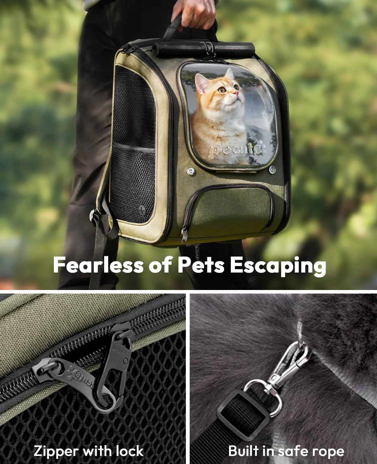Pecute Zaino Trasportino per Gatti a Bolla - Ampio spazio stabile, parasole traspirante, ideale per viaggiare, fare escursioni, fare visitare cliniche veterinarie con il tuo animale domestico, Verde