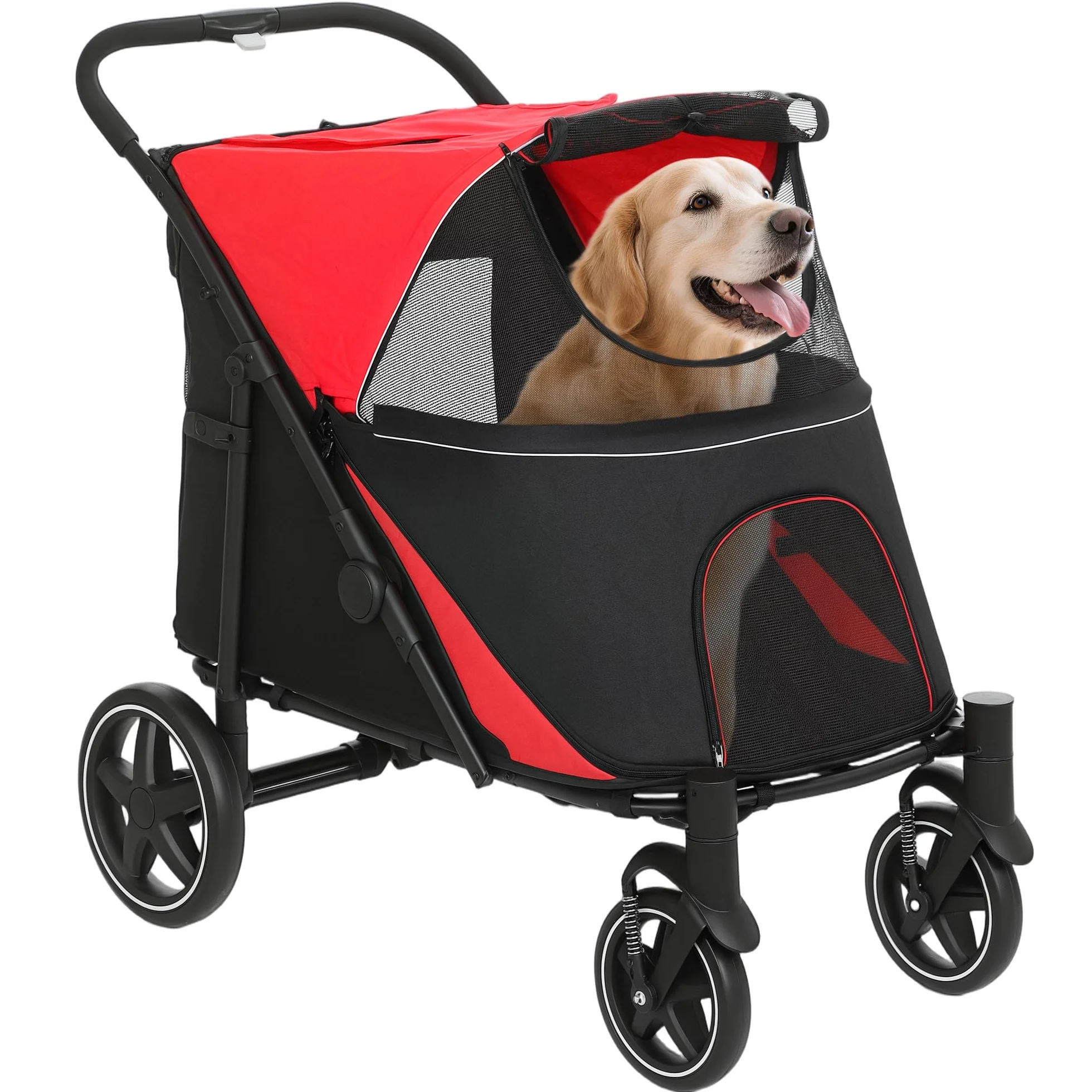 PawHut Passeggino per Cani di Taglia Grande e Media Pieghevole Un Clic 4 Ruote con Ingressi a Cerniera e Finestre a Rete, Passeggino per Animali in Acciaio e Oxford, 112x65x100 cm, Rosso e Nero