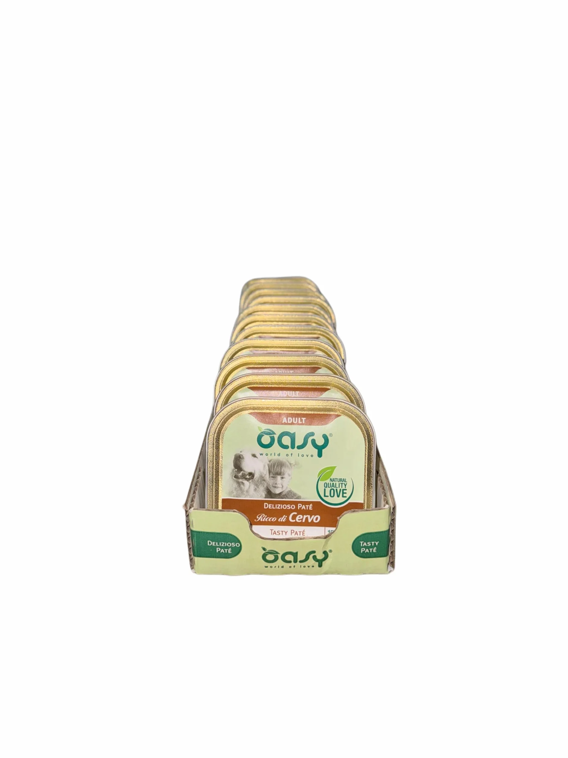 Oasy delizioso patè per cani adulti di tutte le taglie, gusto CERVO | 11 vaschette da 150 grammi l'una.