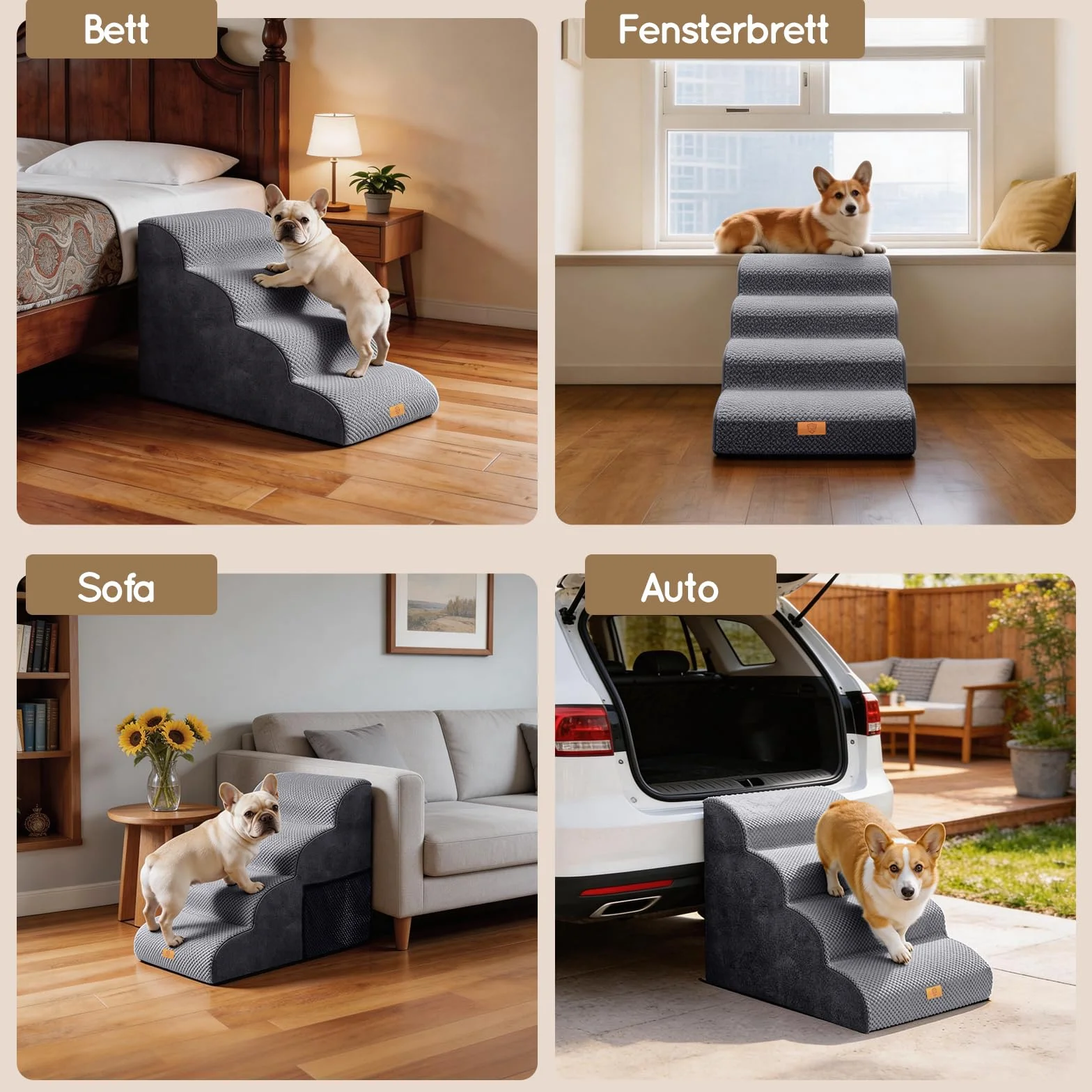 Rampa per Cani 4 Gradini, Scala in Schiuma ad Alta Densità Antiscivolo, 73.7x40.6x50.8 cm, Grigio