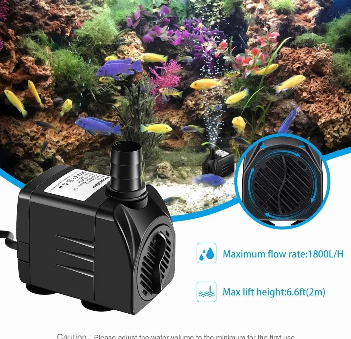 Pompa Acqua Sommergibile 25W 2000L/H Ultra-Silenzioso per Acquario Terrari Stagno