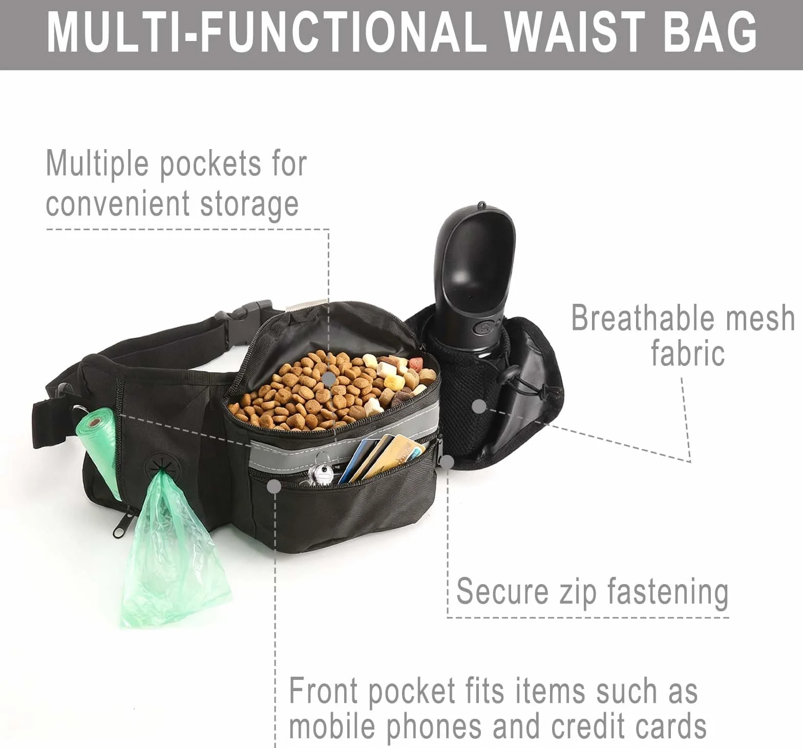Porta premietti per cani, marsupio per addestramento, sacchetto porta-cibo con dispenser per sacchetti per i bisogni e striscia riflettente, marsupio regolabile per passeggiate all'aperto (nero)
