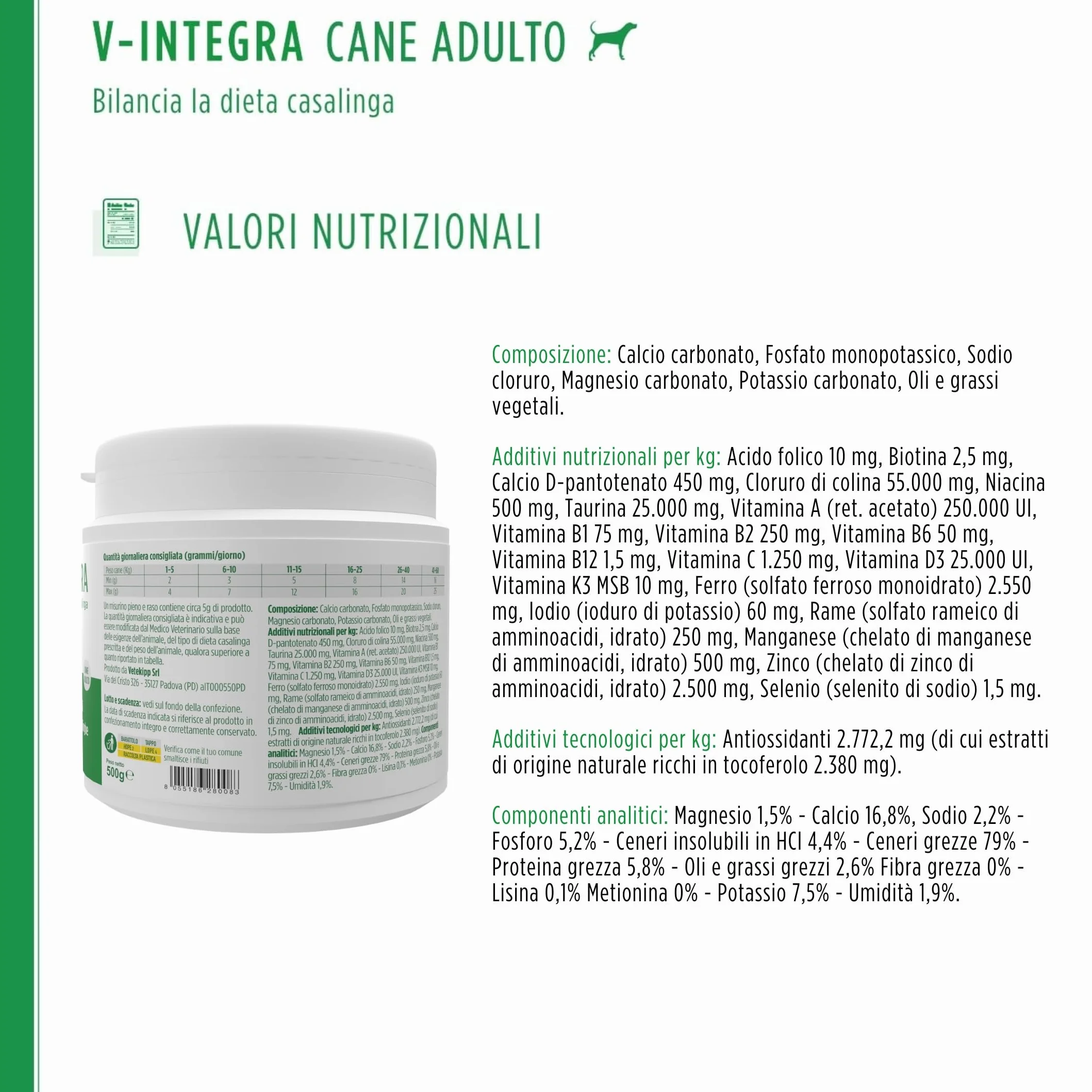 V-INTEGRA Cane Adulto 500g Integratore Completo Ricco di Vitamine e Minerali per Dieta Casalinga e BARF