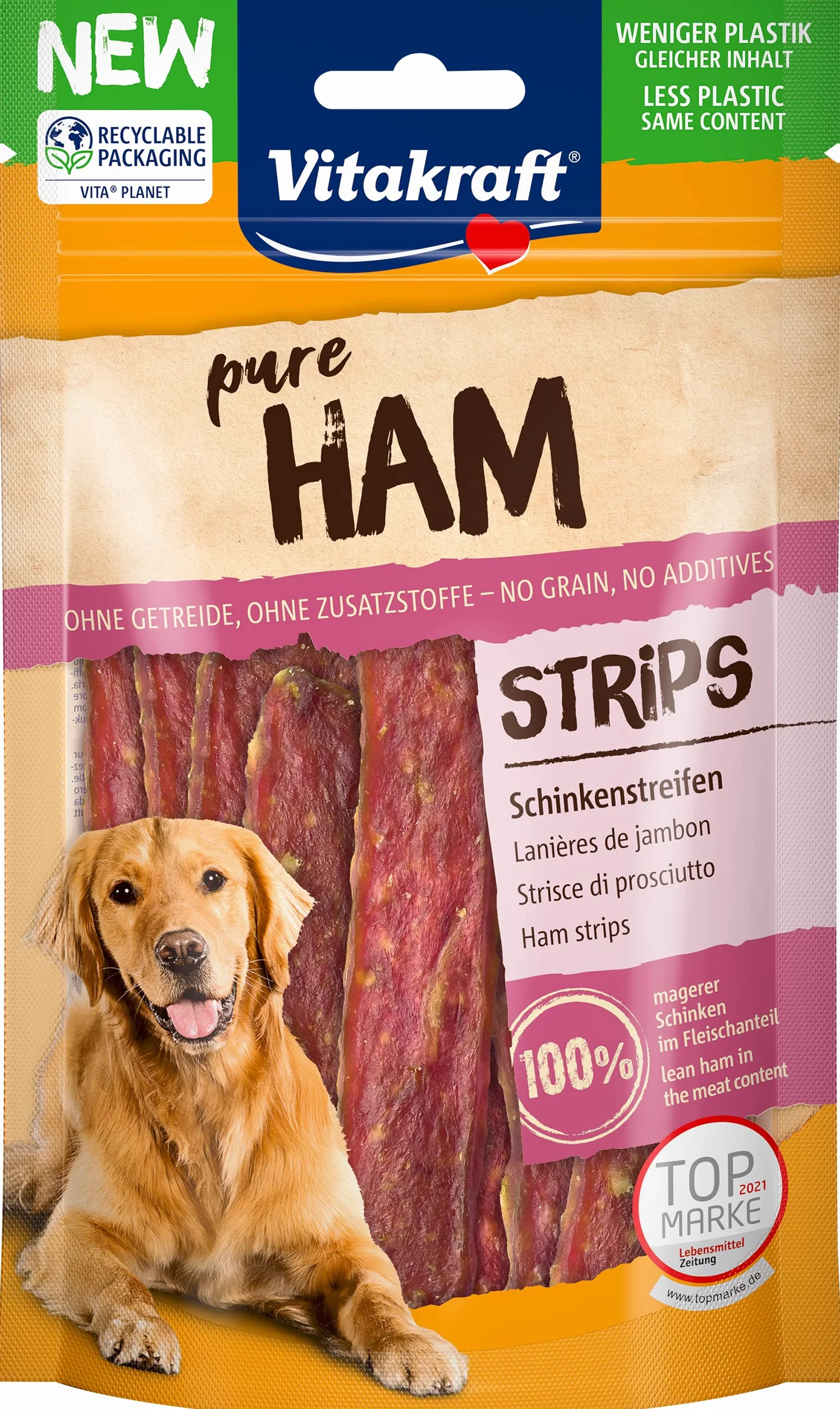 Vitakraft Pure Ham Strips, snack cane, strisce di prosciutto con carne di maiale, snack per l’addestramento del cane, senza zuccheri aggiunti (1x 80g)