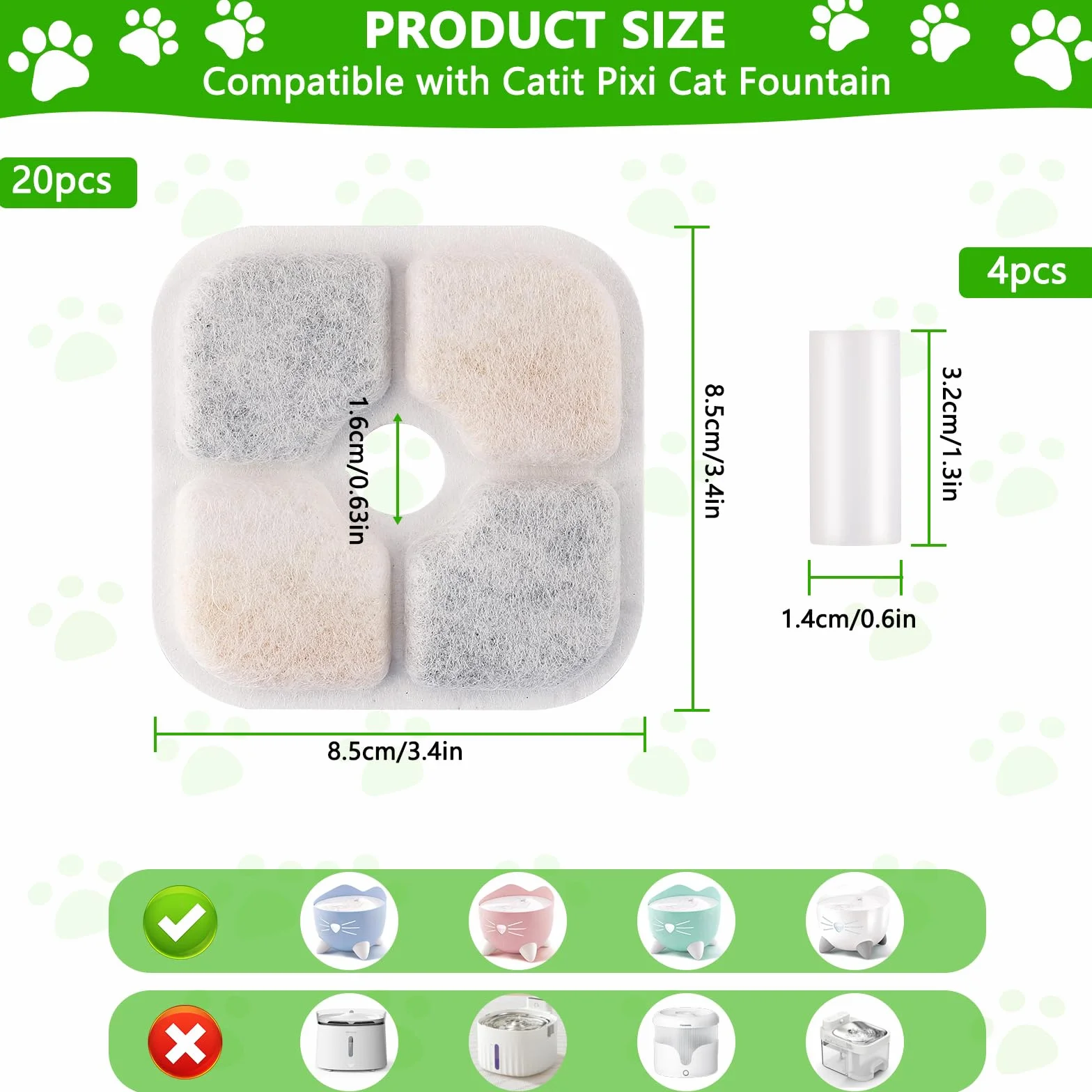 20 Pezzi Filtro Fontanella per Gatti con Resina e Carboni Attivi, Filtri di Ricambio Compatibili con Catit Pixi, Accessori Fontana Acqua per Gatti e Cani