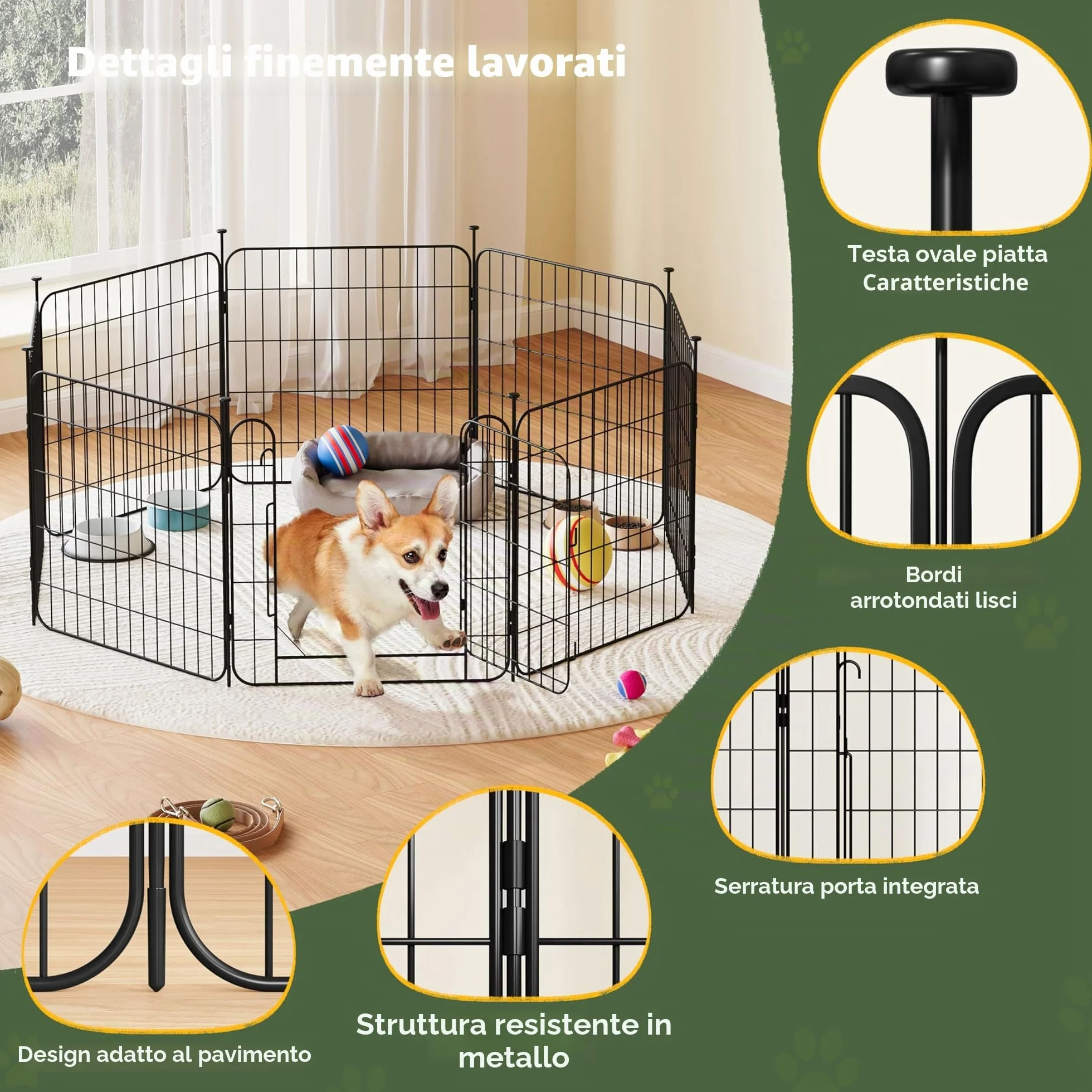 Yaheetech Recinto per Animali Domestici in Acciaio Pieghevole 8 Pannelli Altezza 60 cm con Porta per Cani Gatti Conigli